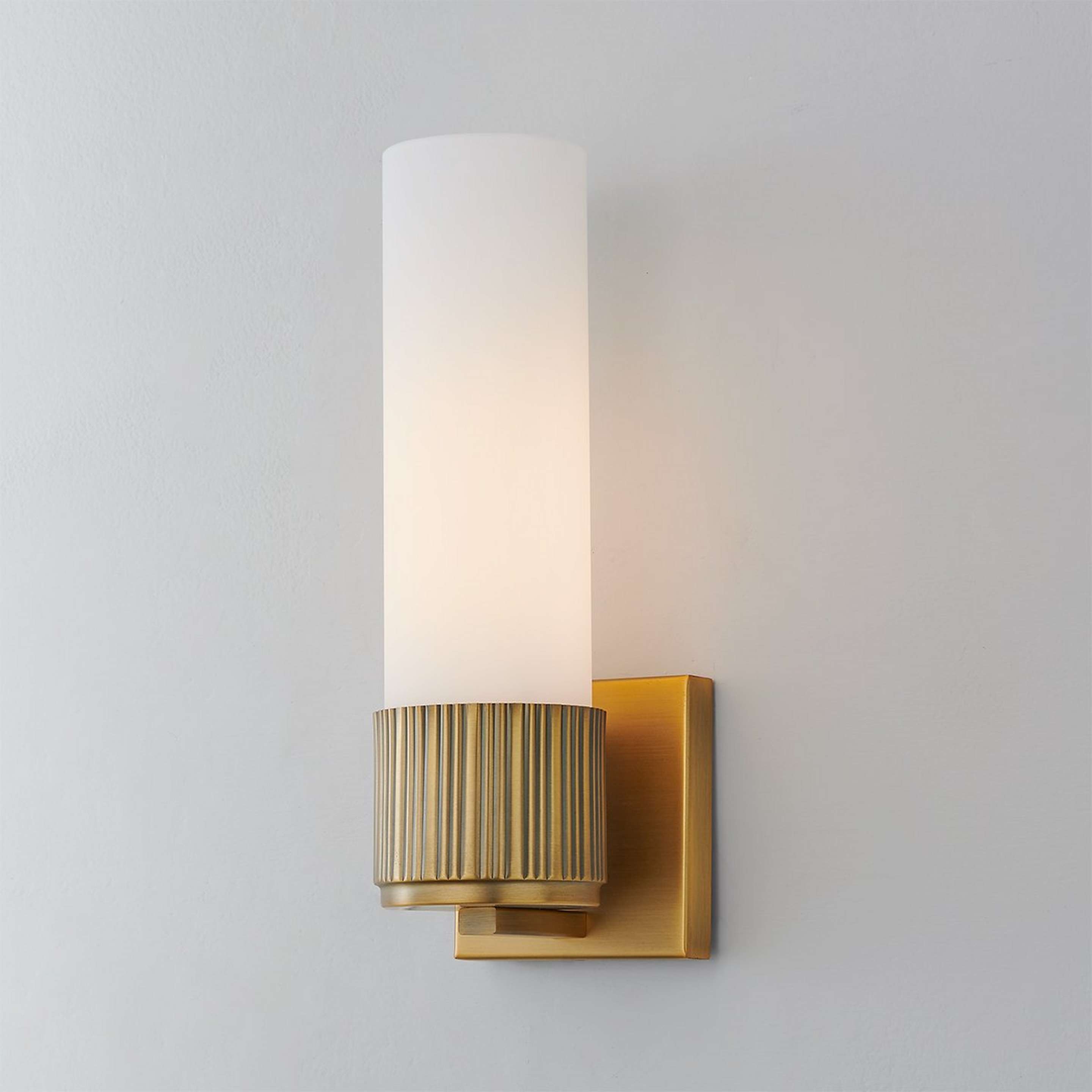 A Mirza Opal Glass Bath Sconce - 1 Light with Brushed Brass / Opal Glass color