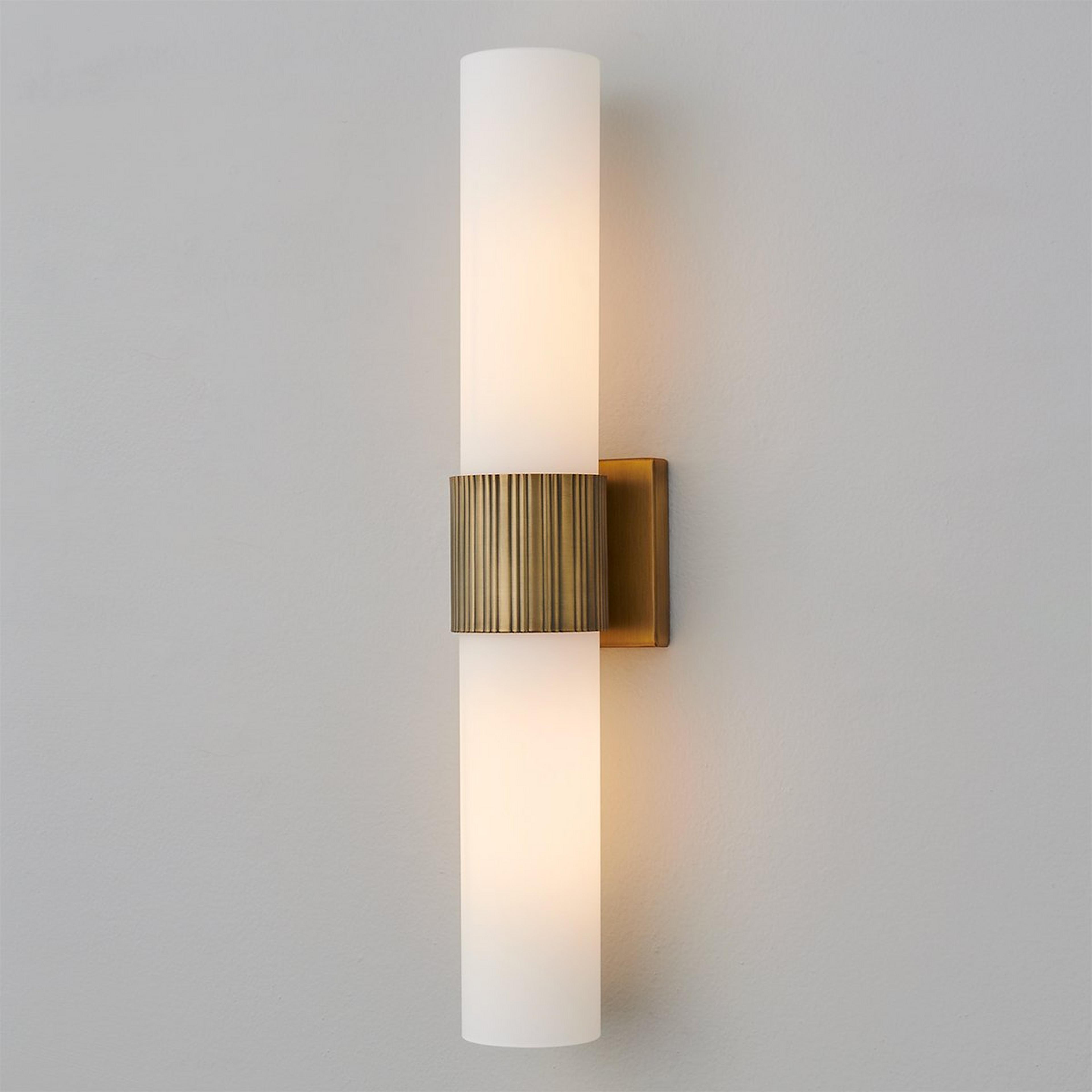 A Mirza Opal Glass Bath Sconce - 2 Light with Brushed Brass / Opal Glass color