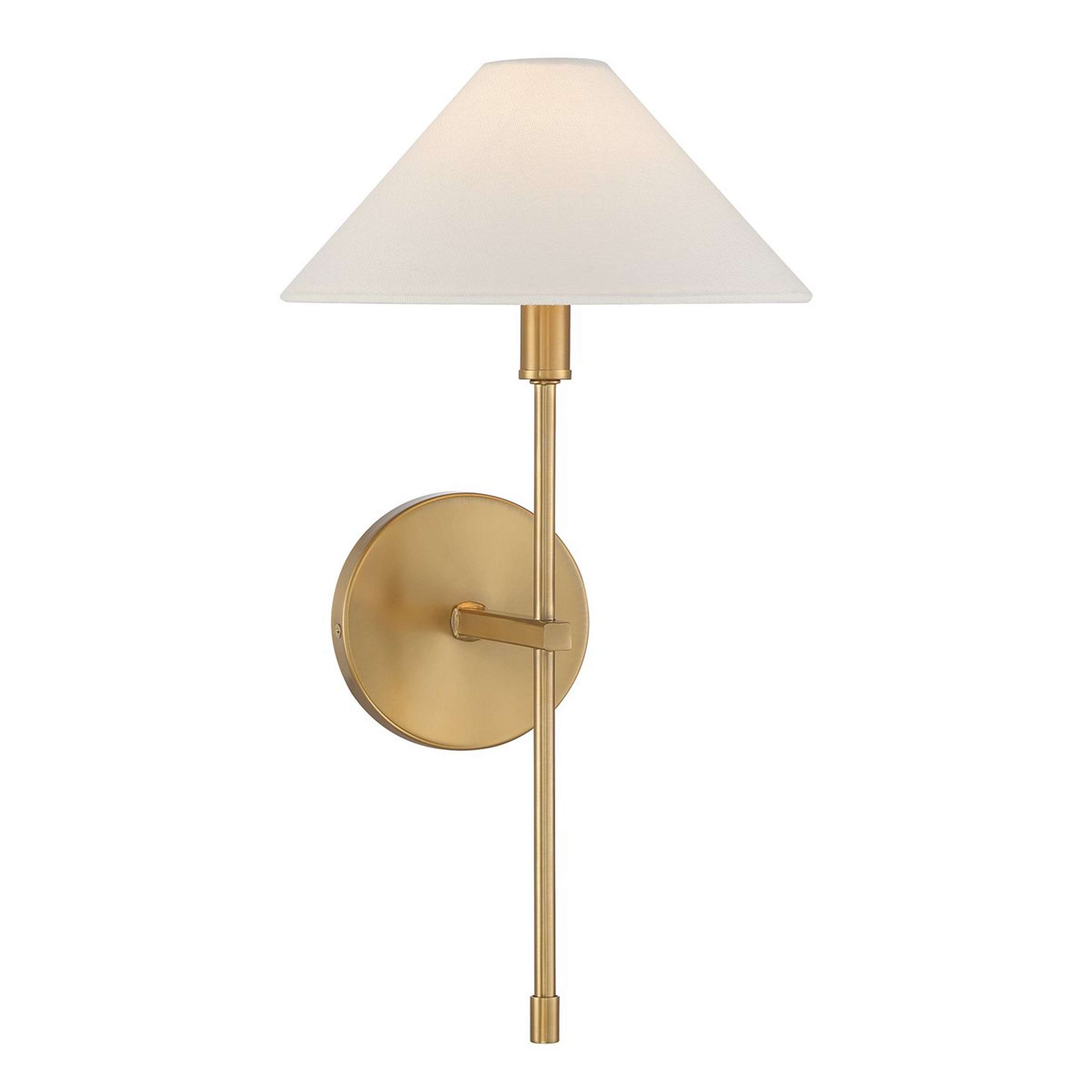 A Qamar Sconce with Warm Brass / White Linen color