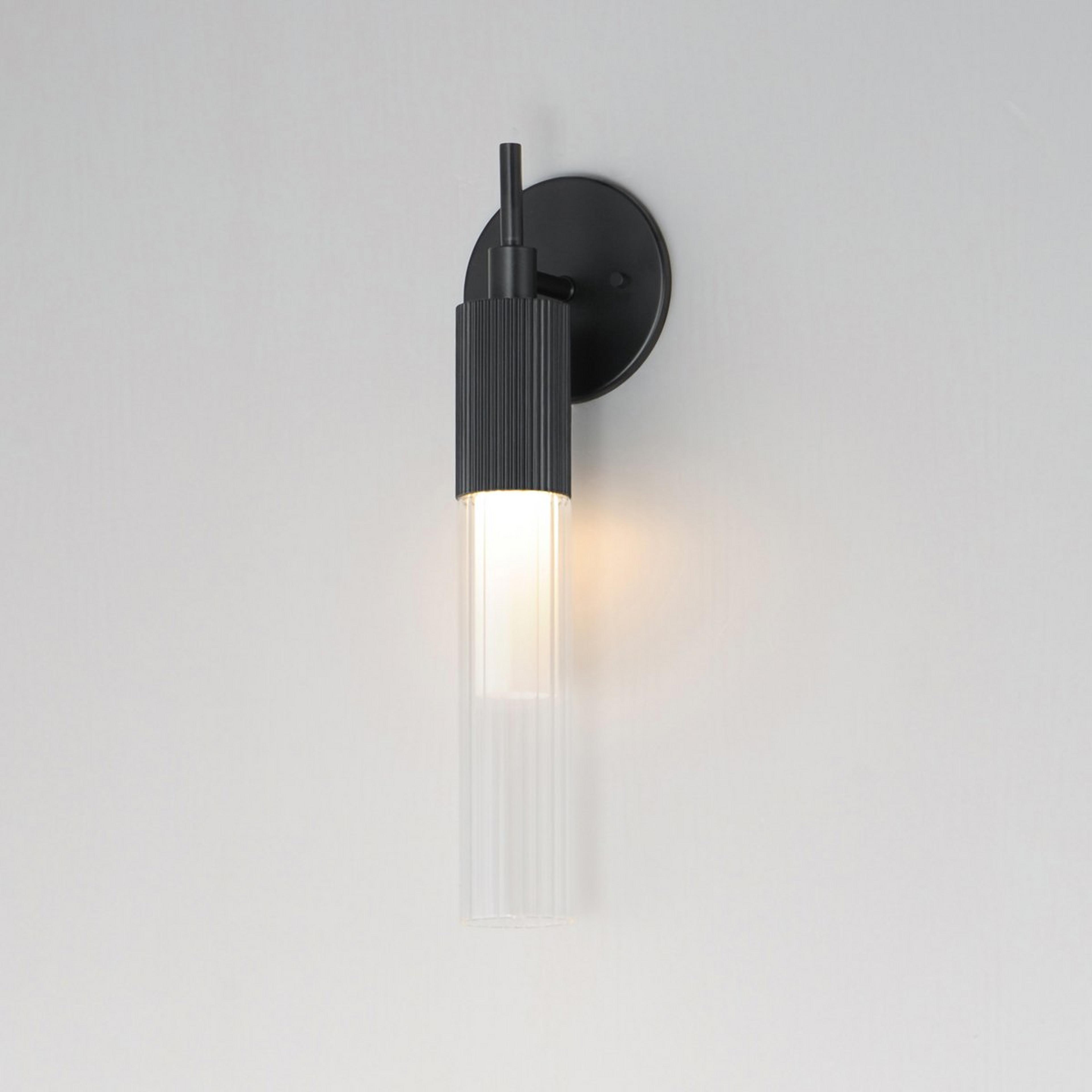 A Subtle Rod LED Bath Sconce with Black / Clear Glass color