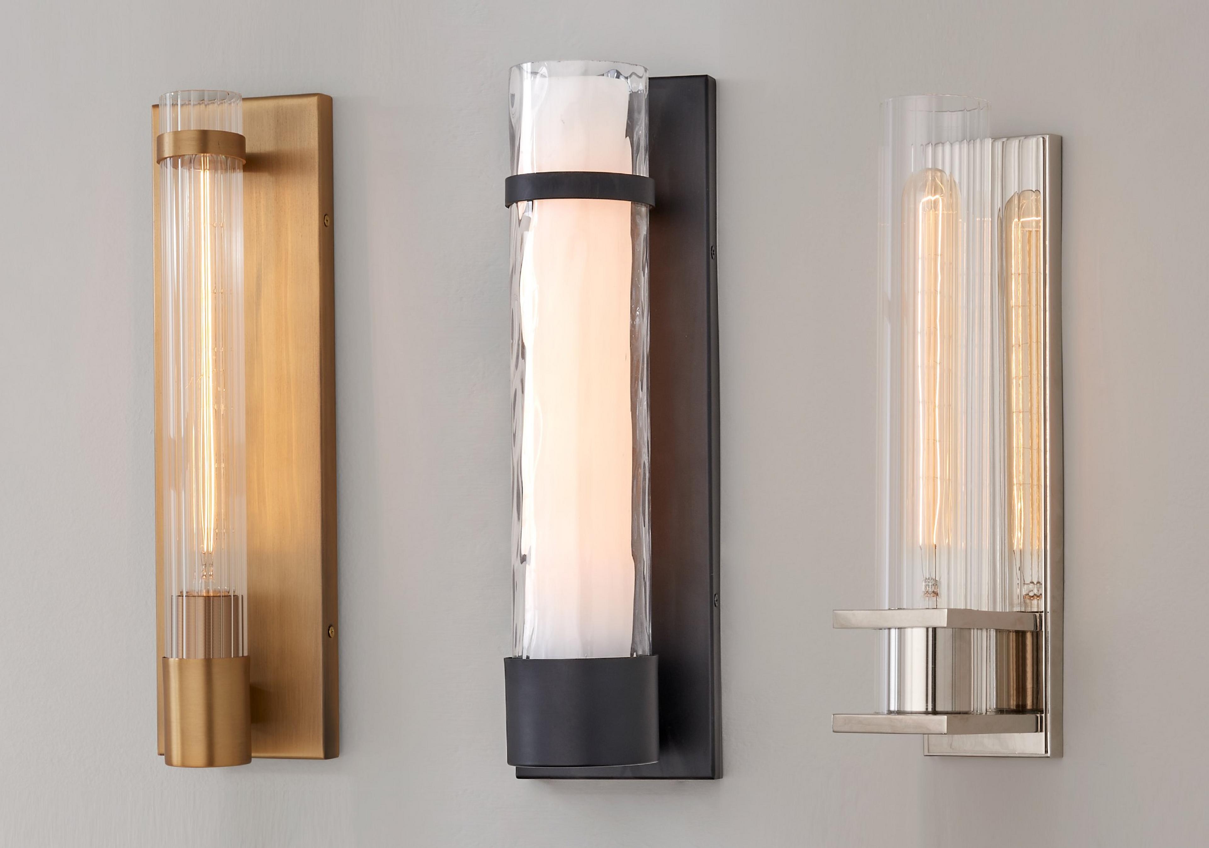 Fluted Cylinder Glass Sconce, Wave Cylinder Sconce, and Cadence Sconce