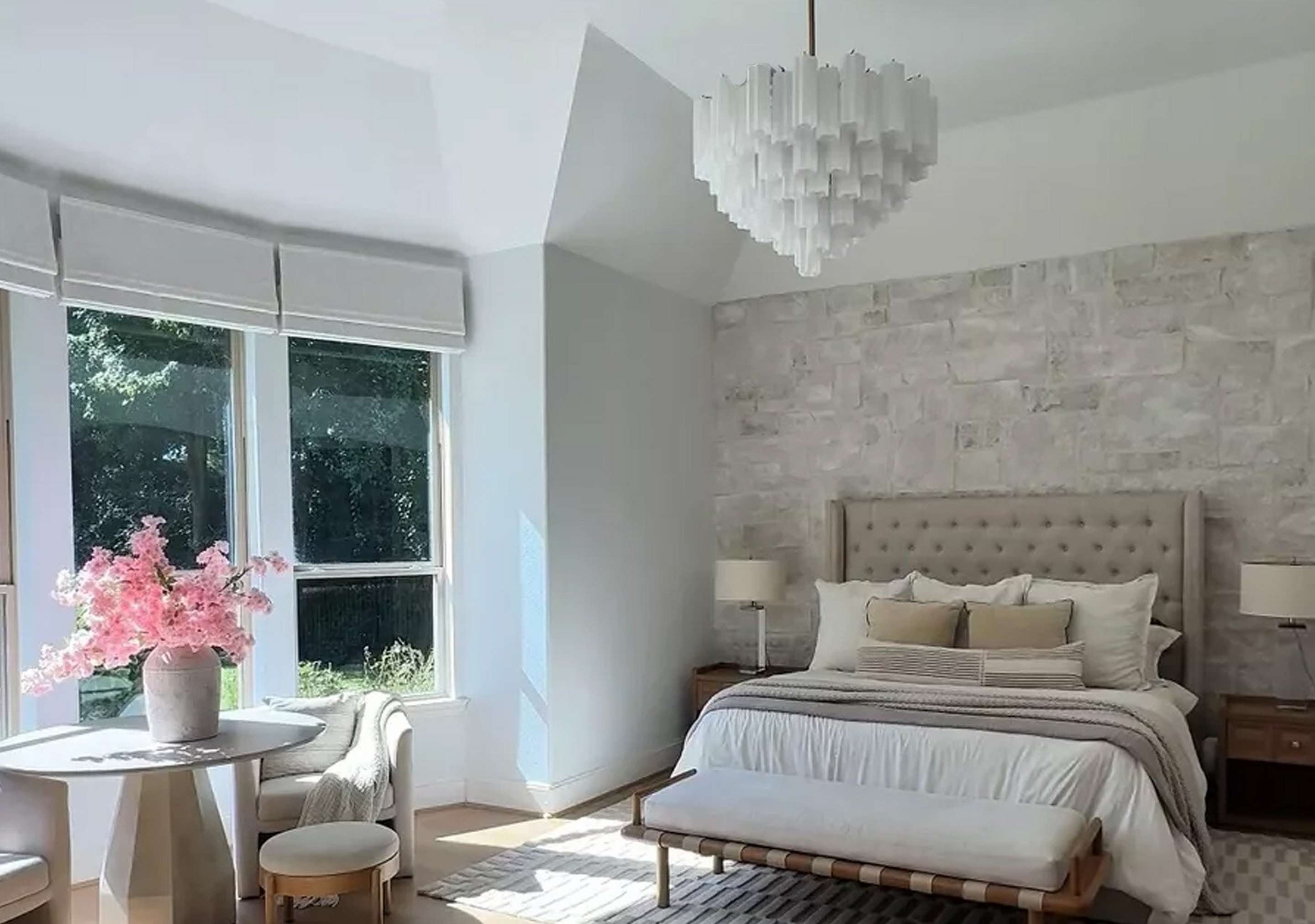 Bedroom with olive leaf chandelier