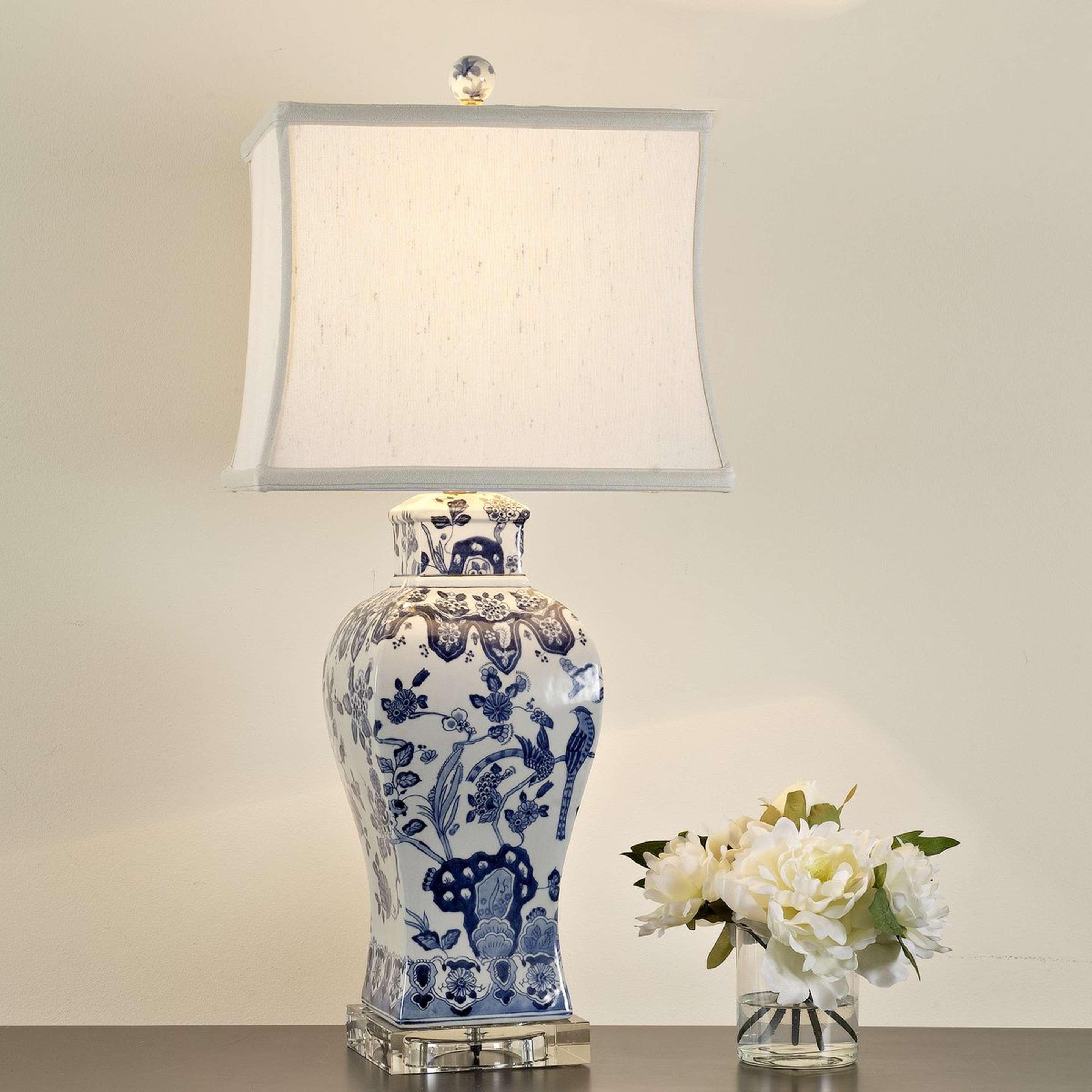 A Square Vase Blue and White Floral Table Lamp with Blue & White color