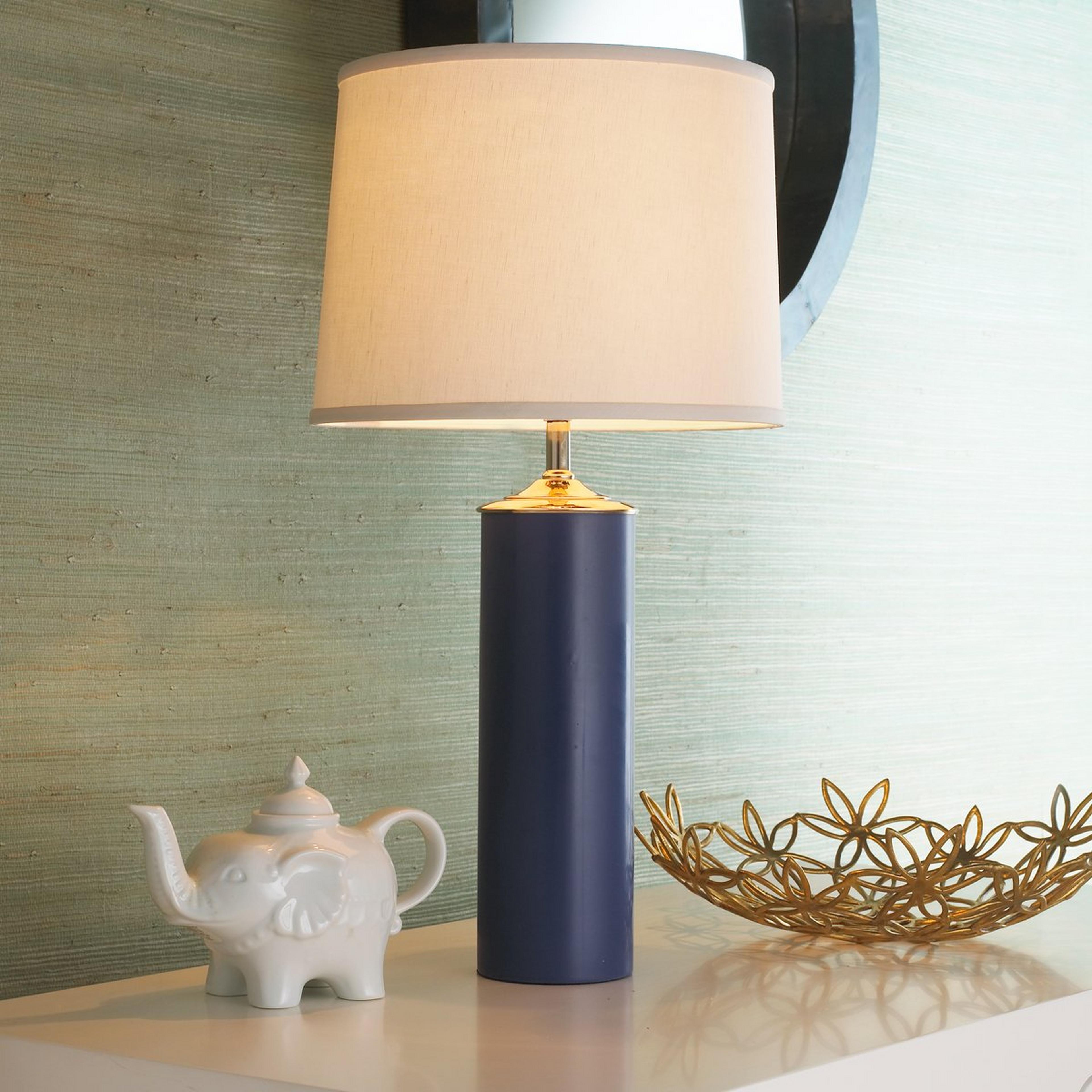 A Modern Cylinder Ceramic Table Lamp with Matte Navy Blue / White Linen color