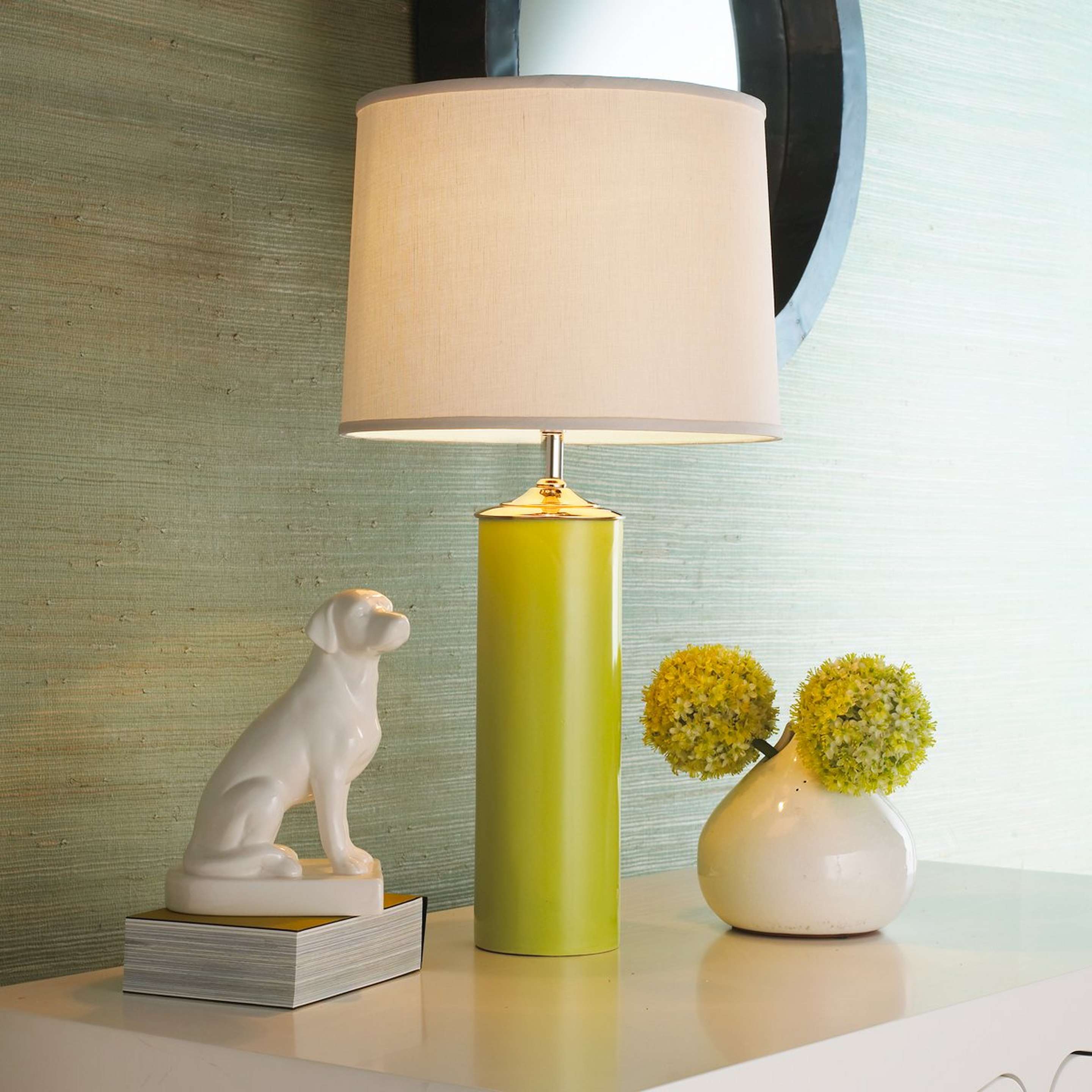A Modern Cylinder Ceramic Table Lamp with Matte Lime / White Linen color