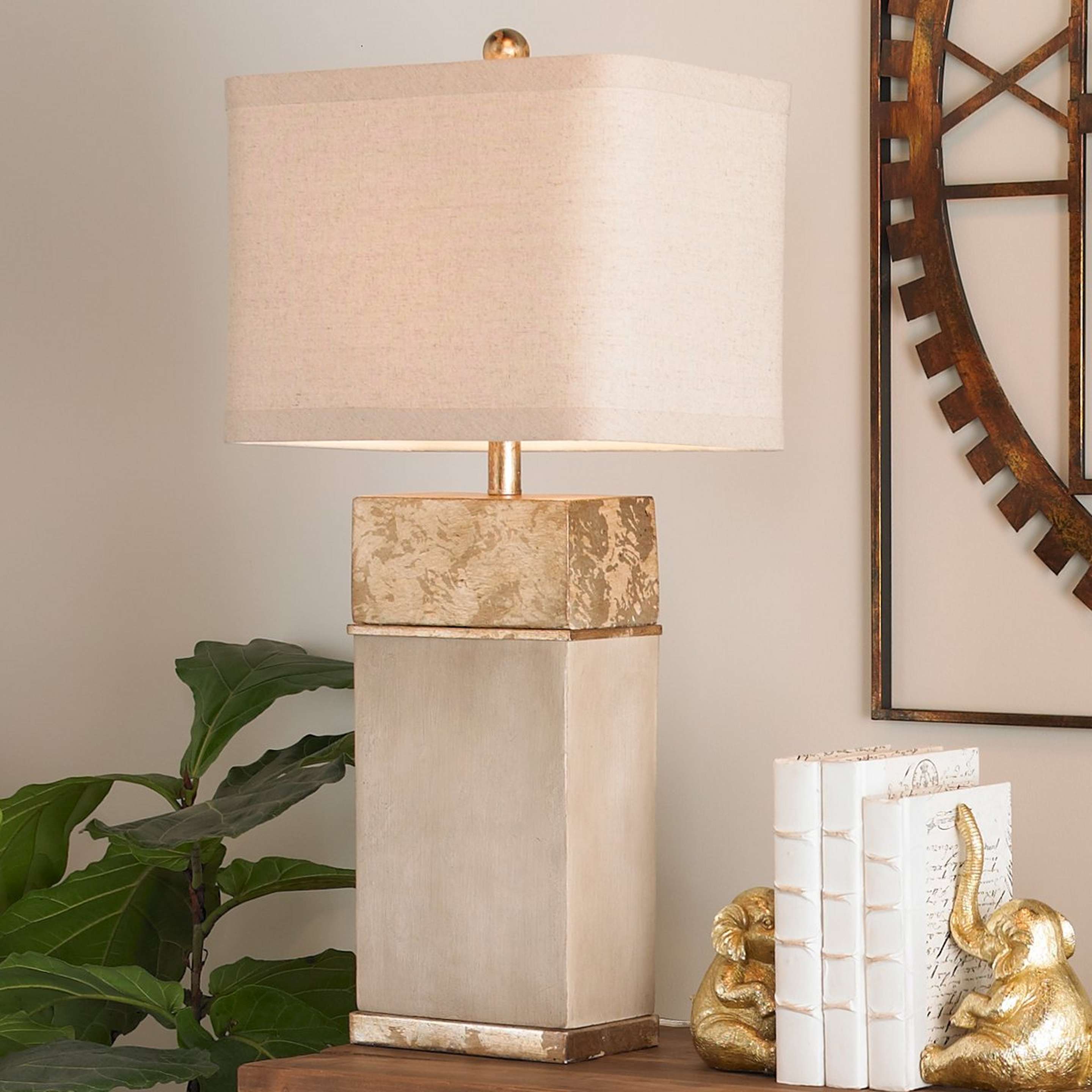 A Concrete Block Gold Leaf Table Lamp with Natural Concrete color