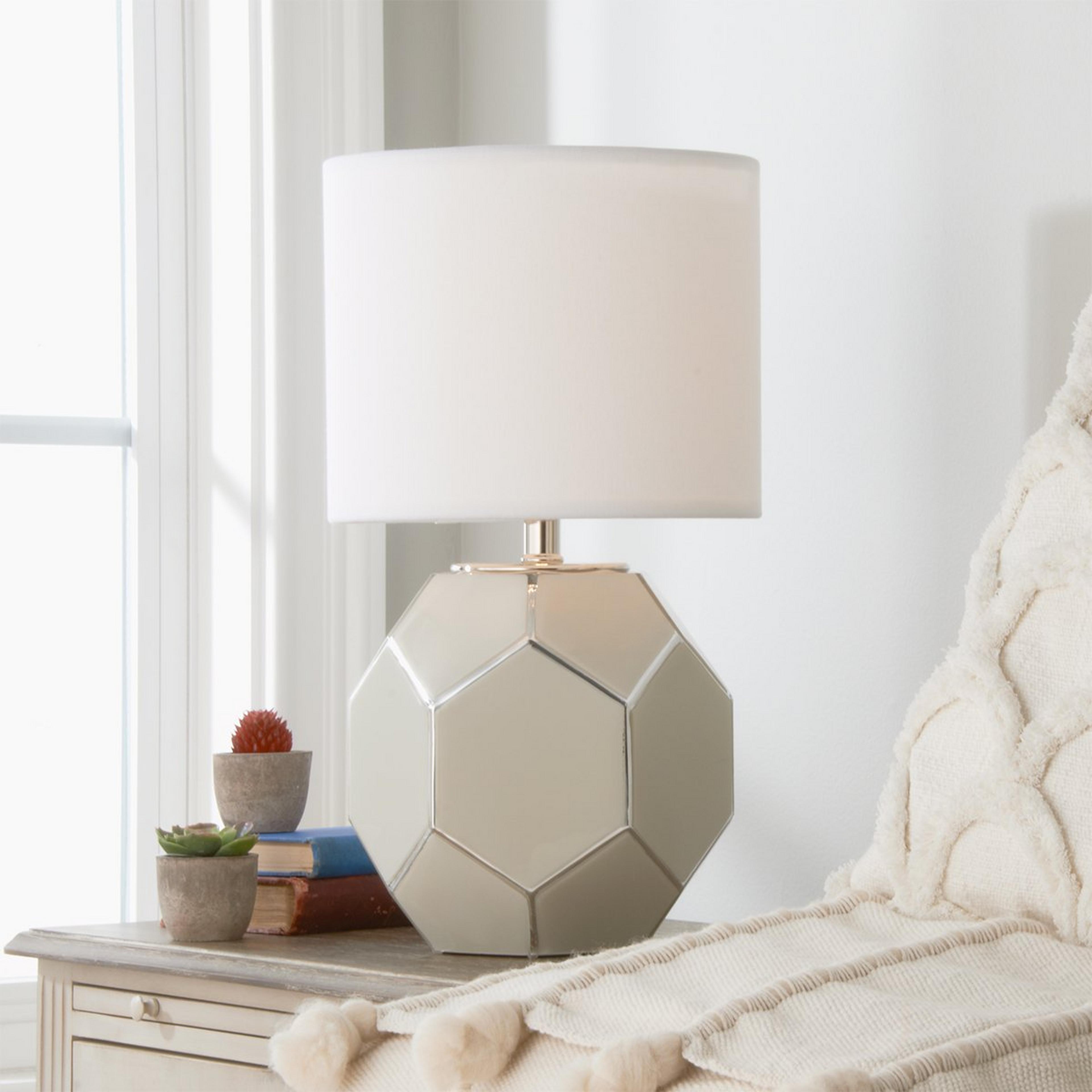 A Young House Love Hexagon Glass Table Lamp with Linen White  / Chrome   color