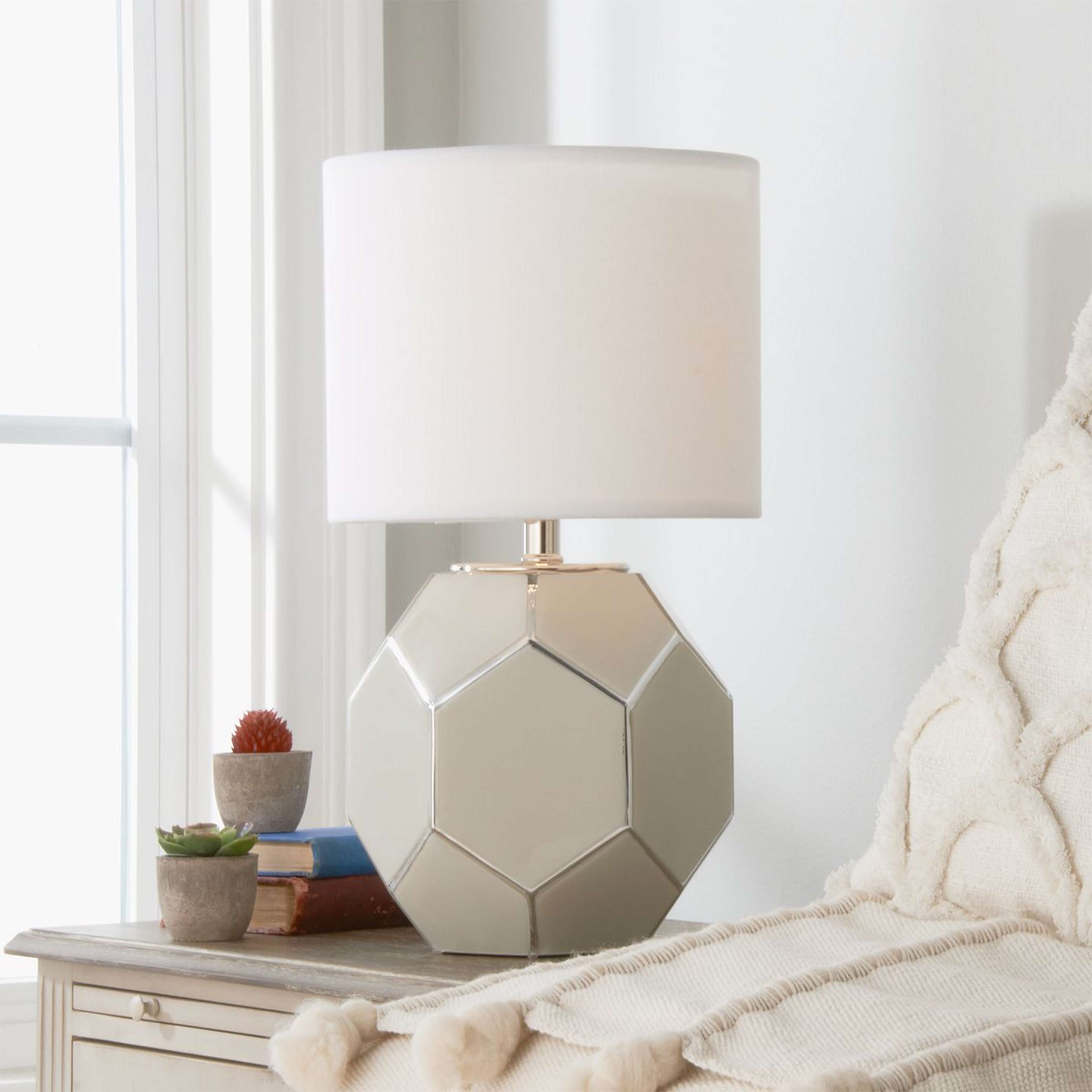 A Young House Love Hexagon Glass Table Lamp with Linen White  / Chrome color