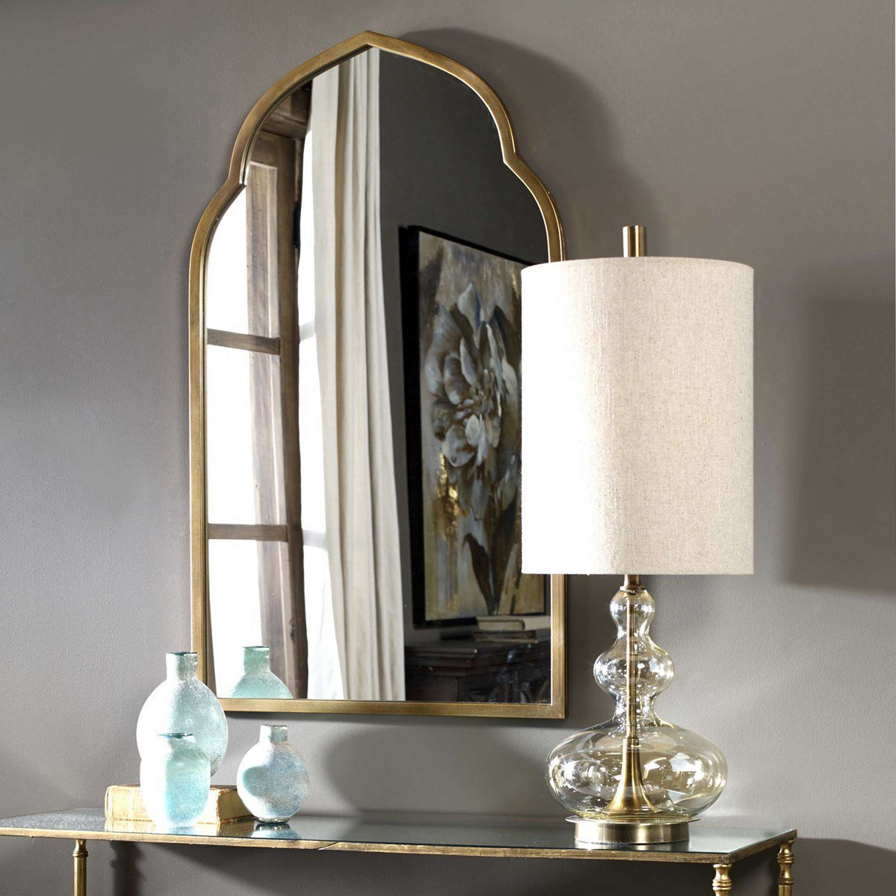 A Melted Curves Buffet Lamp with Amber Glass / Antique Brass color