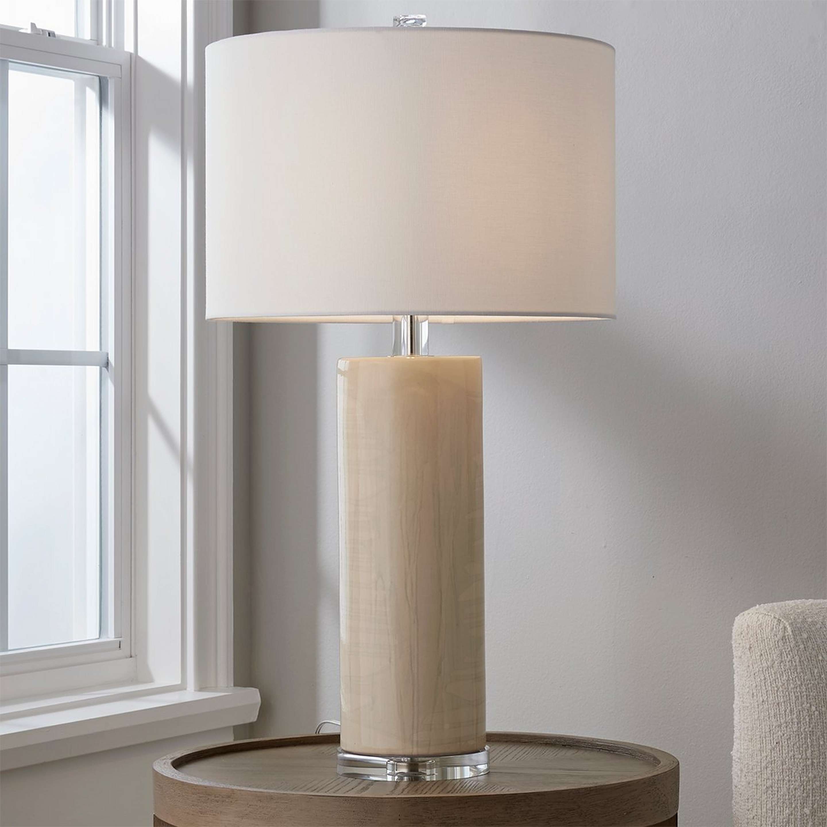 A Serene Ceramic Column Table Lamp with Beige / Gray / Polished Nickel color
