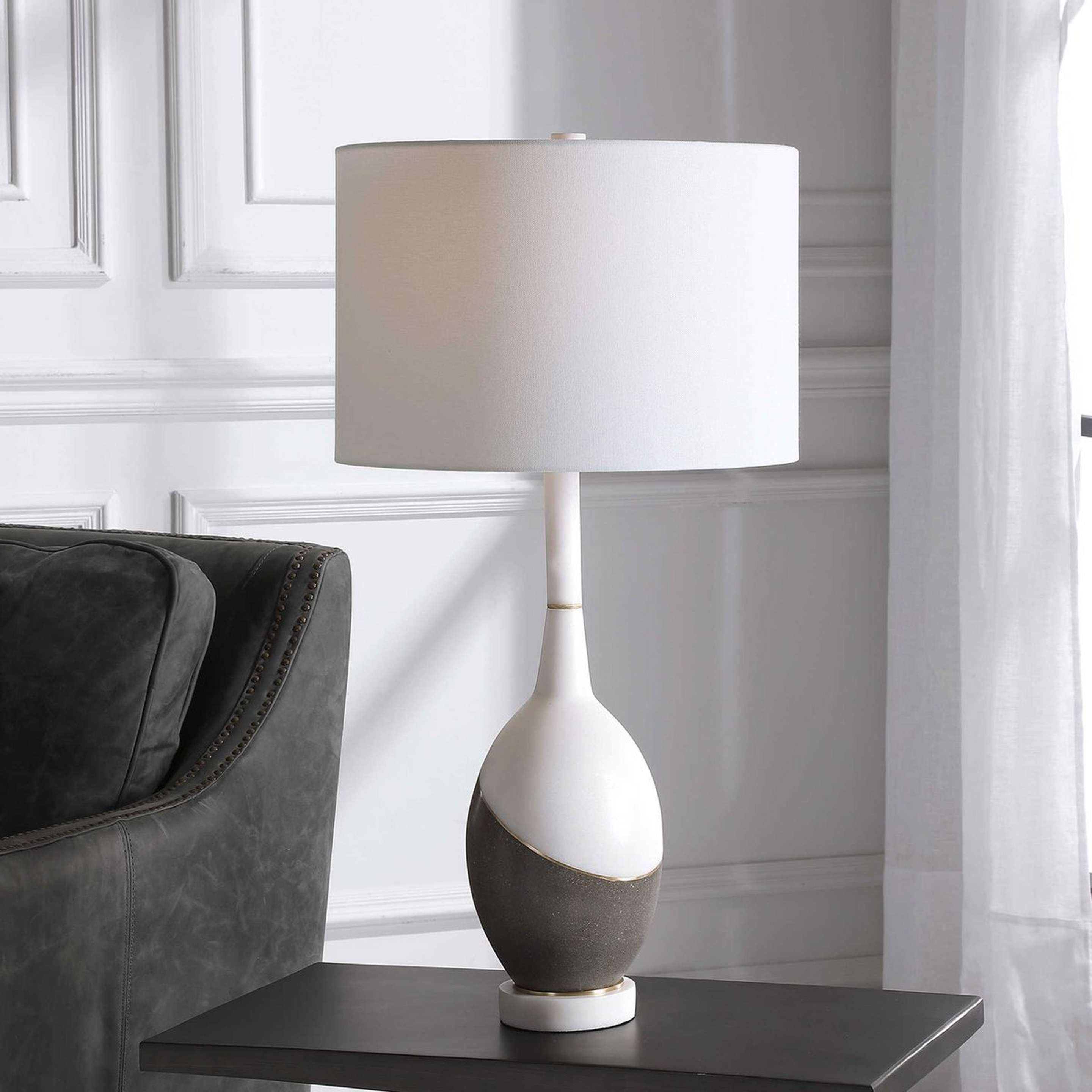 A Crisp Contrast Table Lamp with White Marble / Concrete / Gold color