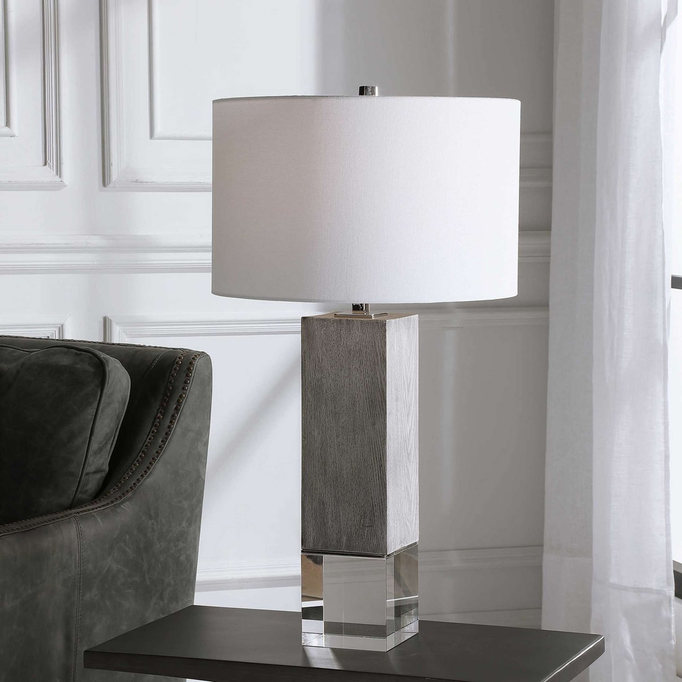 A Cubed Contrast Table Lamp with Gray Oak / Crystal / Polished Nickel color