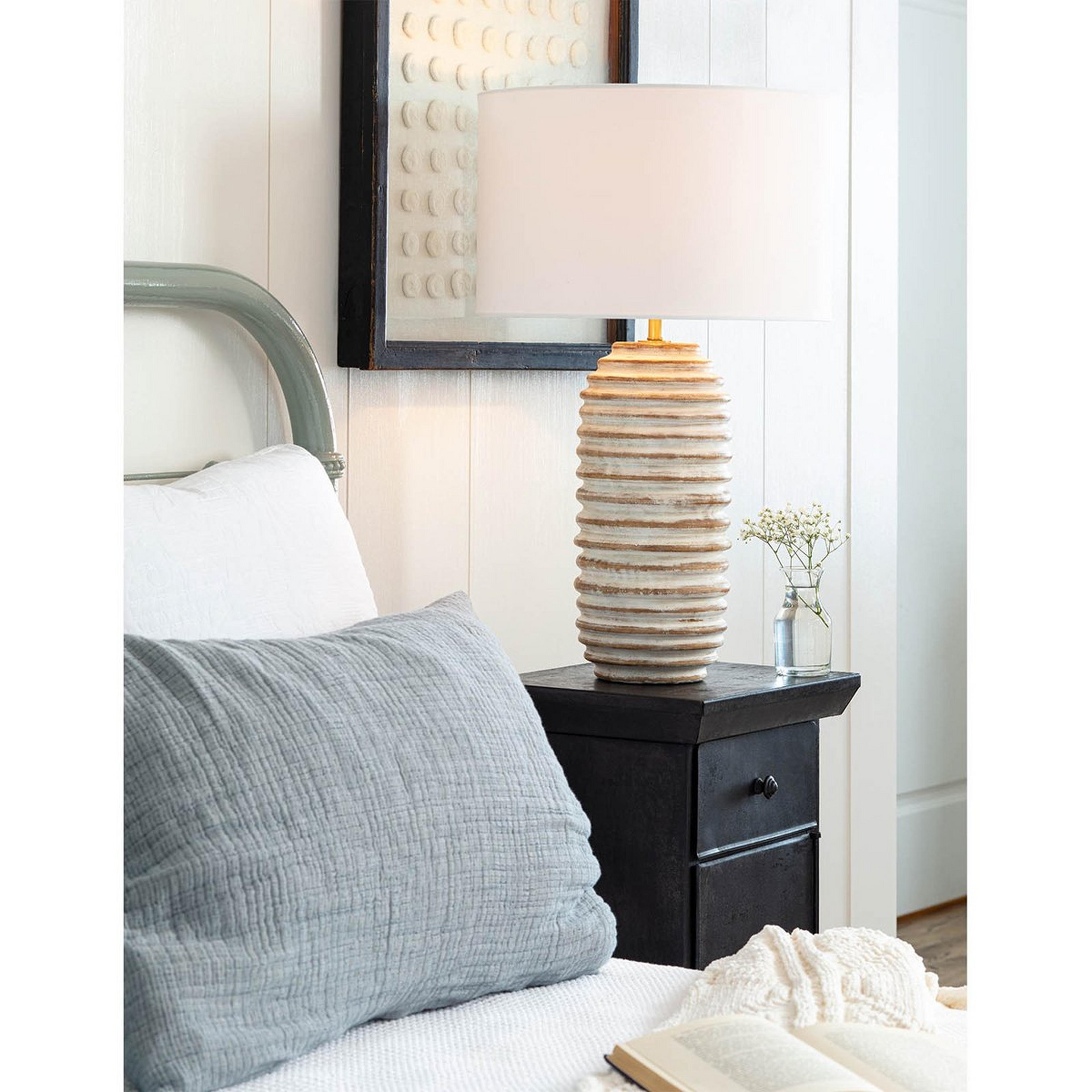 A Ridged Wood Table Lamp with Whitewash / Distressed Driftwood color
