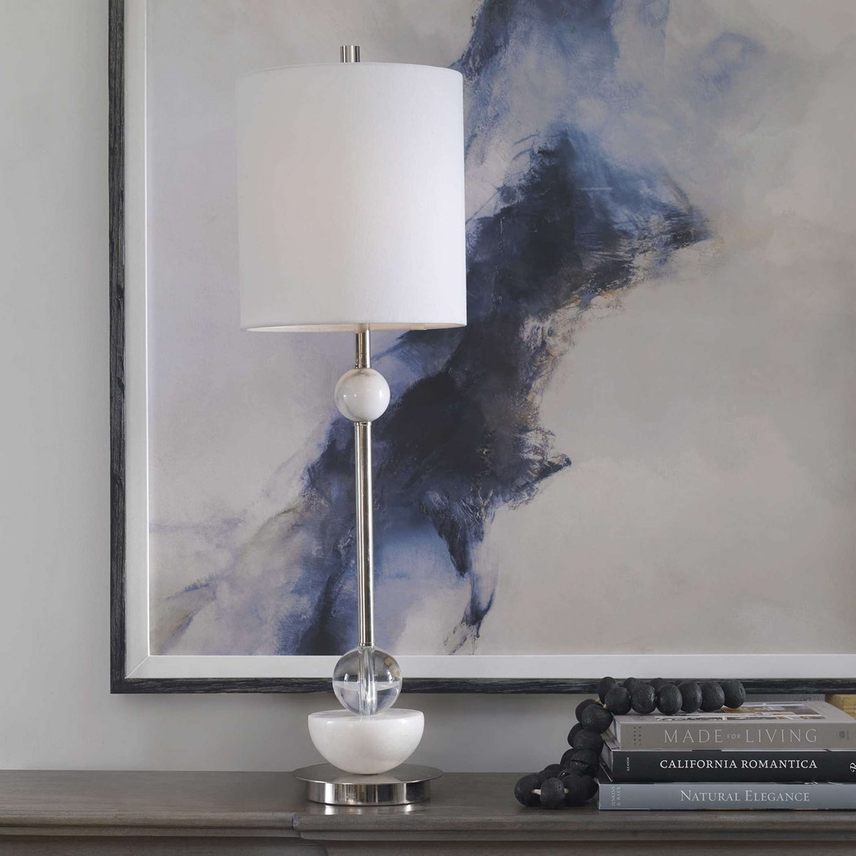 A Parada Buffet Lamp with Polished Nickel / White Marble / Crystal color