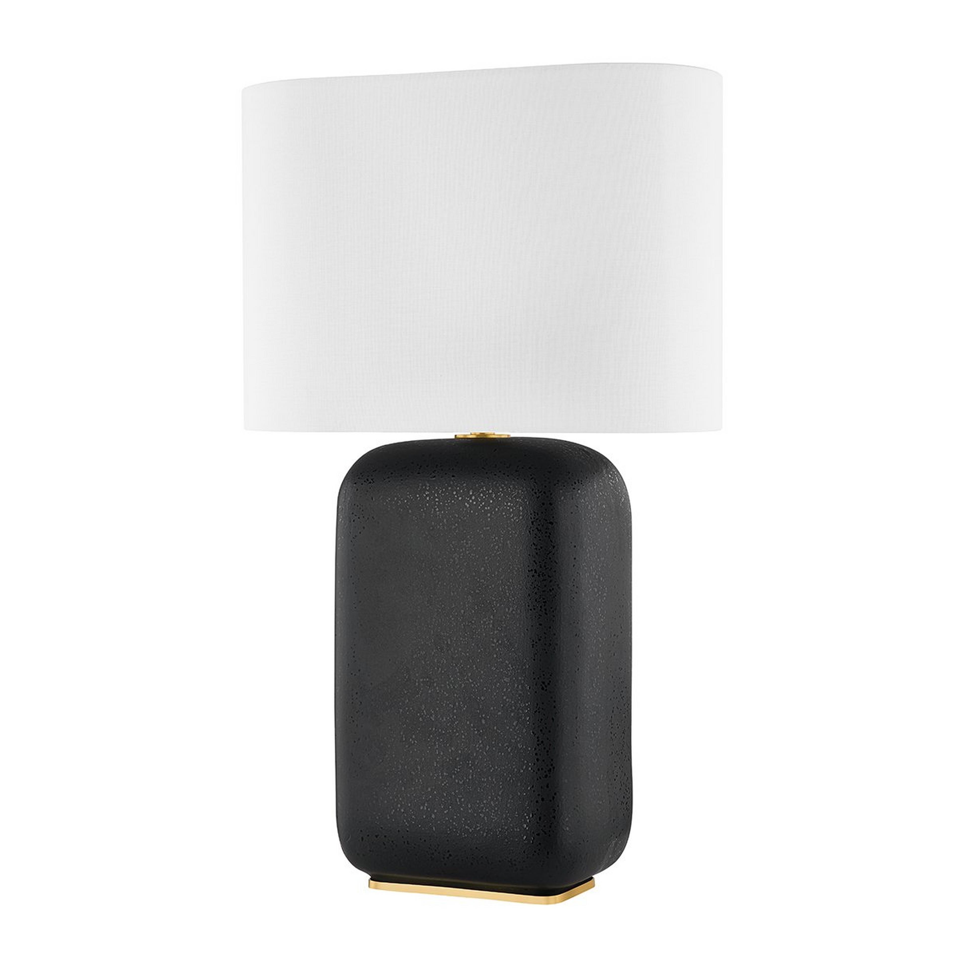 A Speckled Slab Ceramic Table Lamp with Speckled Black / White Linen / Brass color