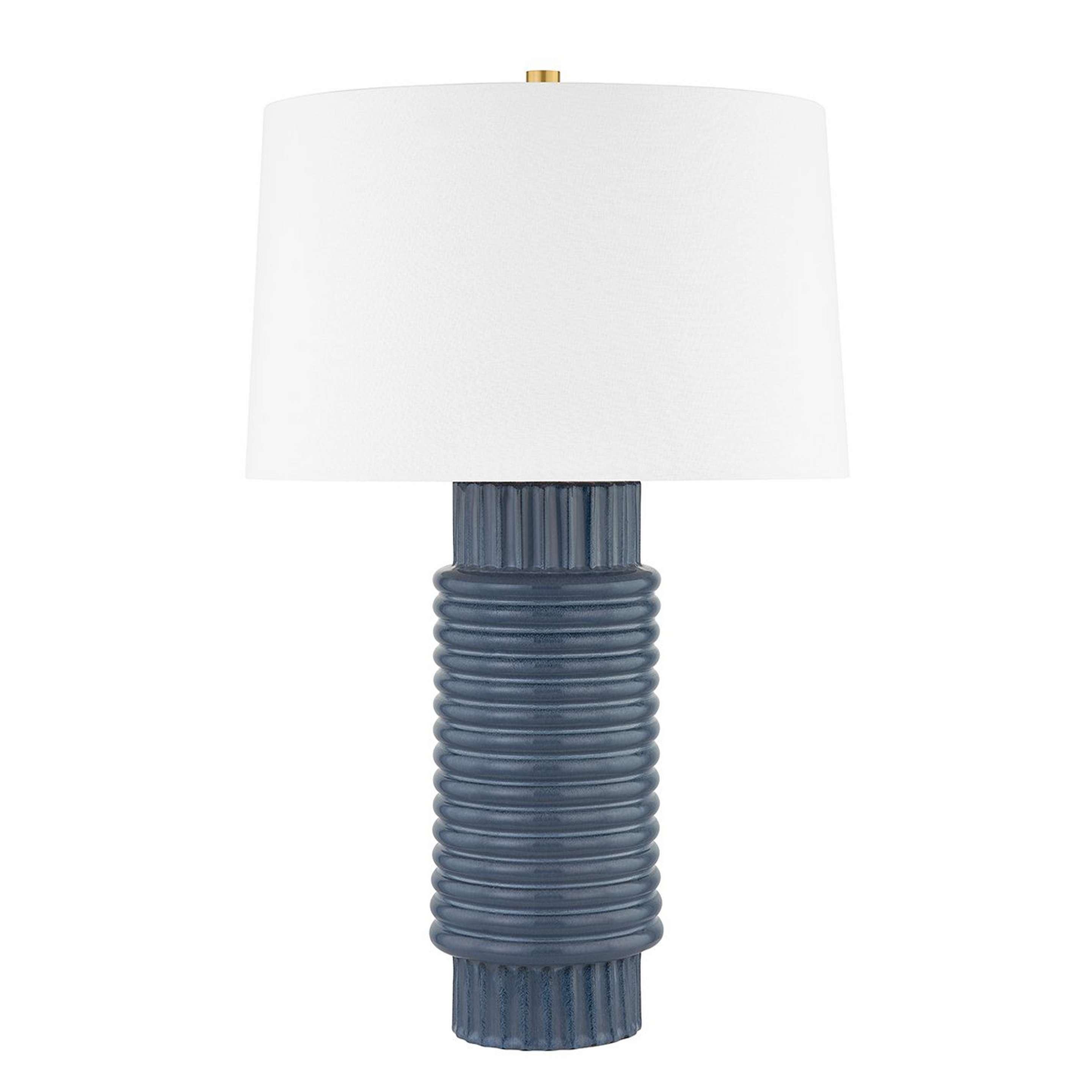 A Ribbed Ceramic Table Lamp with Slate / Blue / White / Brass color