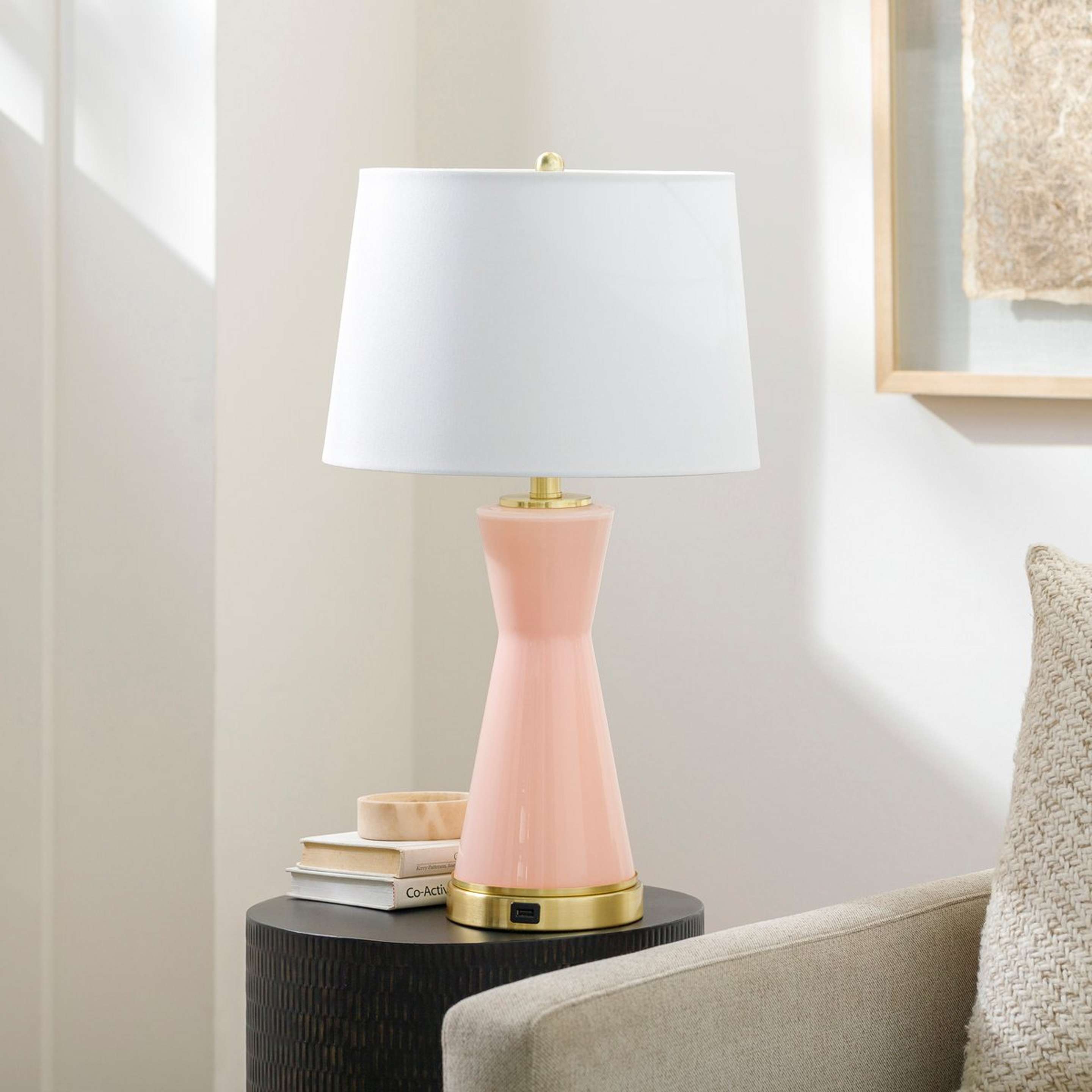A Cindy Table Lamp with Blush Pink Painted Glass / Brass / White Linen color