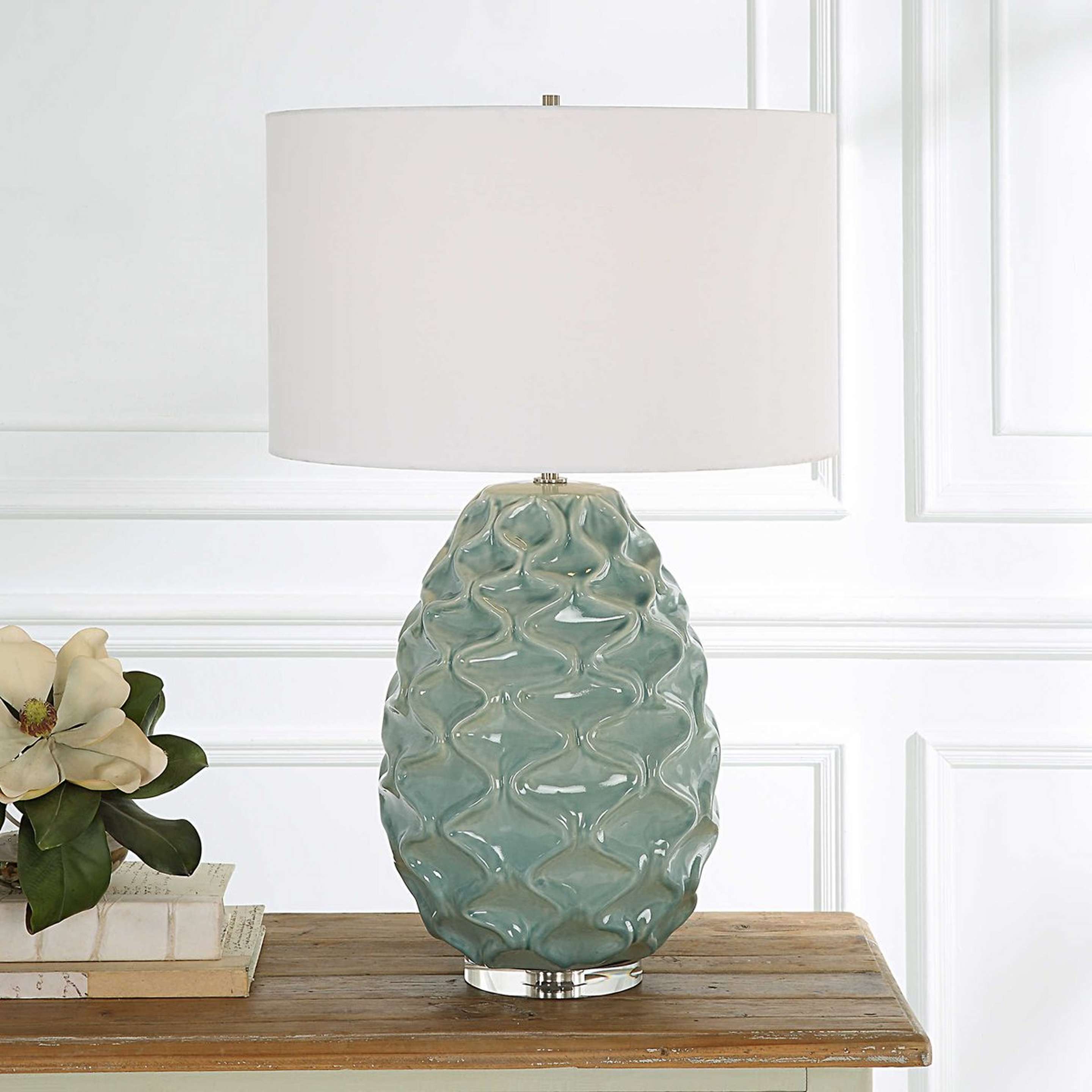 A Kea Table Lamp with Seafoam Green color