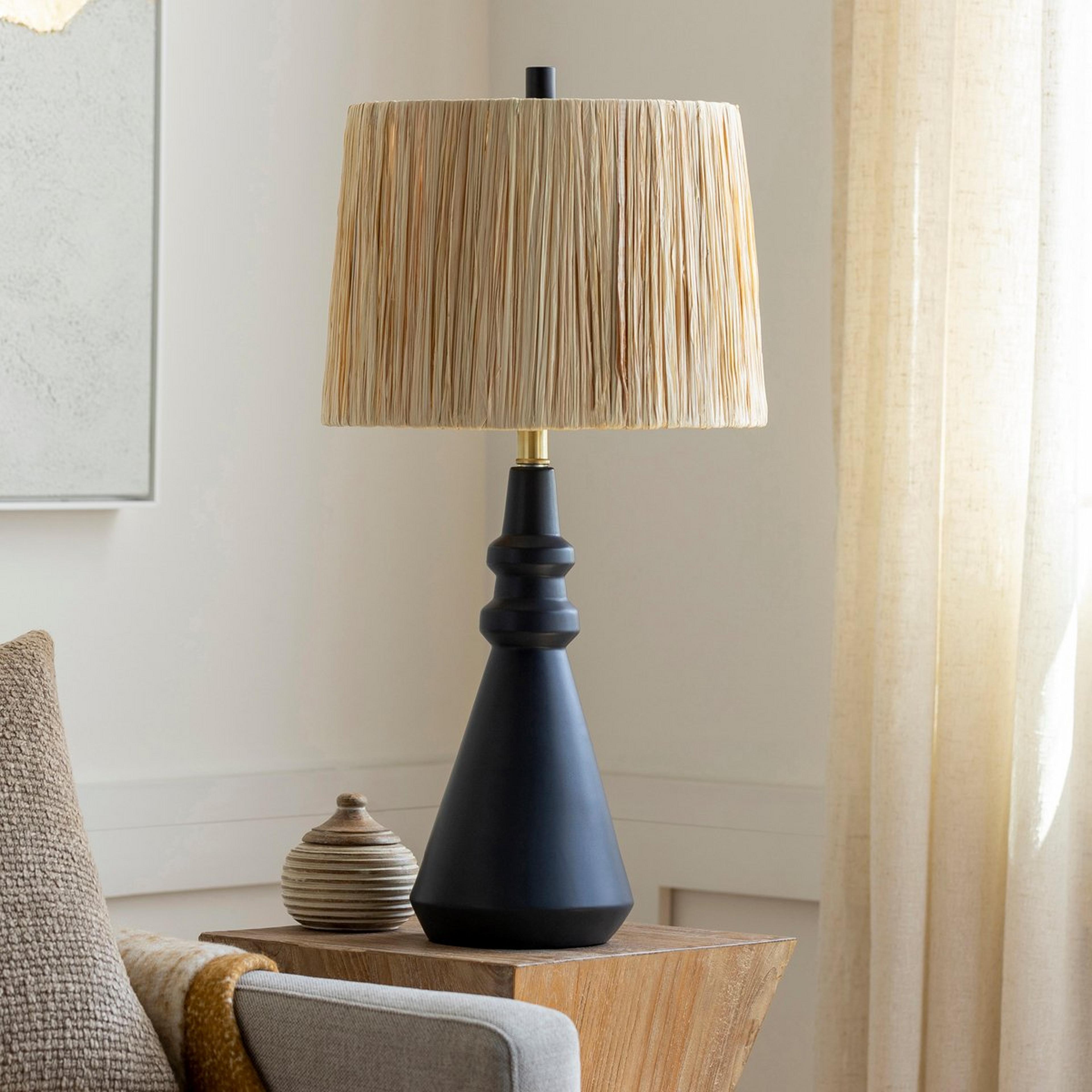 A Concurrent Table Lamp with Black / Tan Raffia color