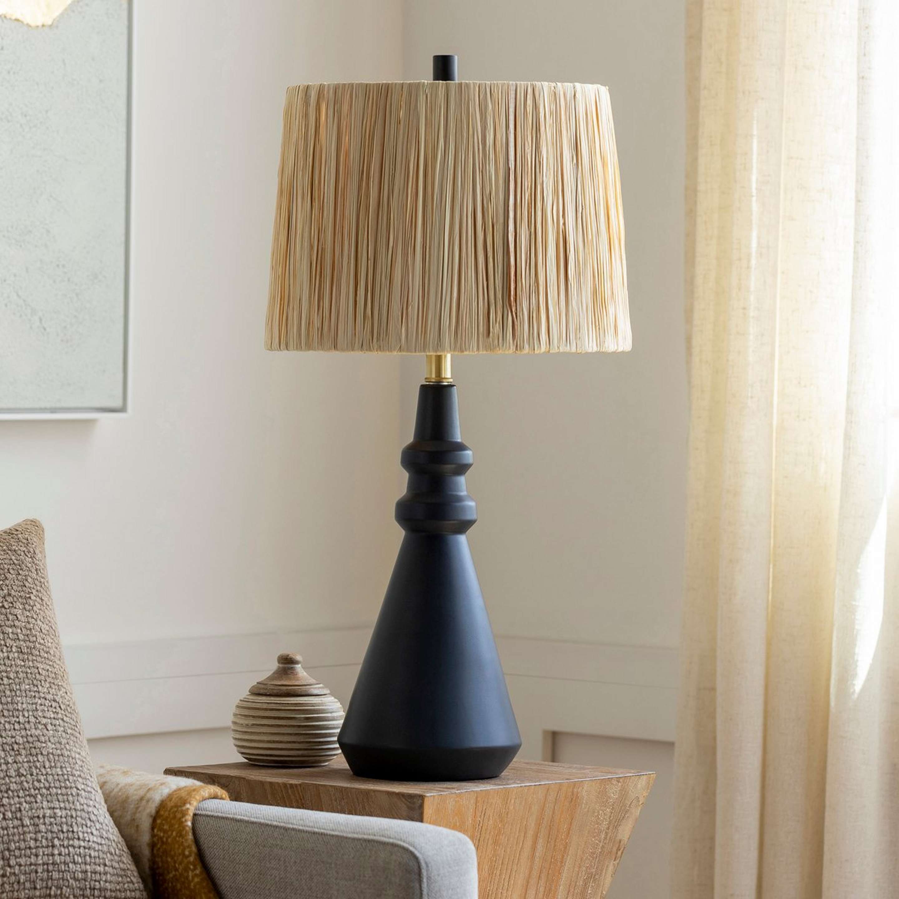 A Concurrent Table Lamp with Black / Tan Raffia color