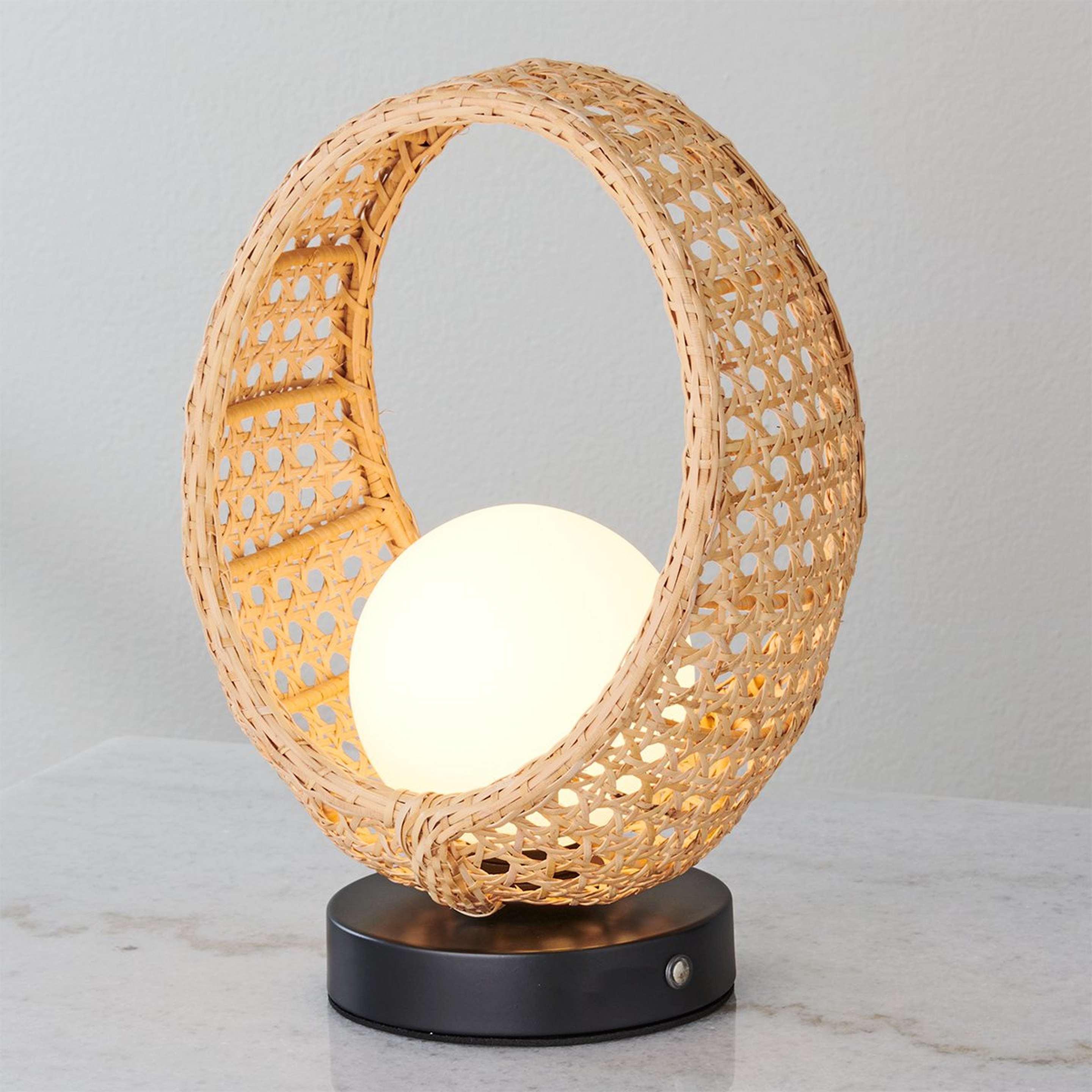A Caressed Globe Cordless LED Table Lamp with Black / Natural Rattan / White Glass color