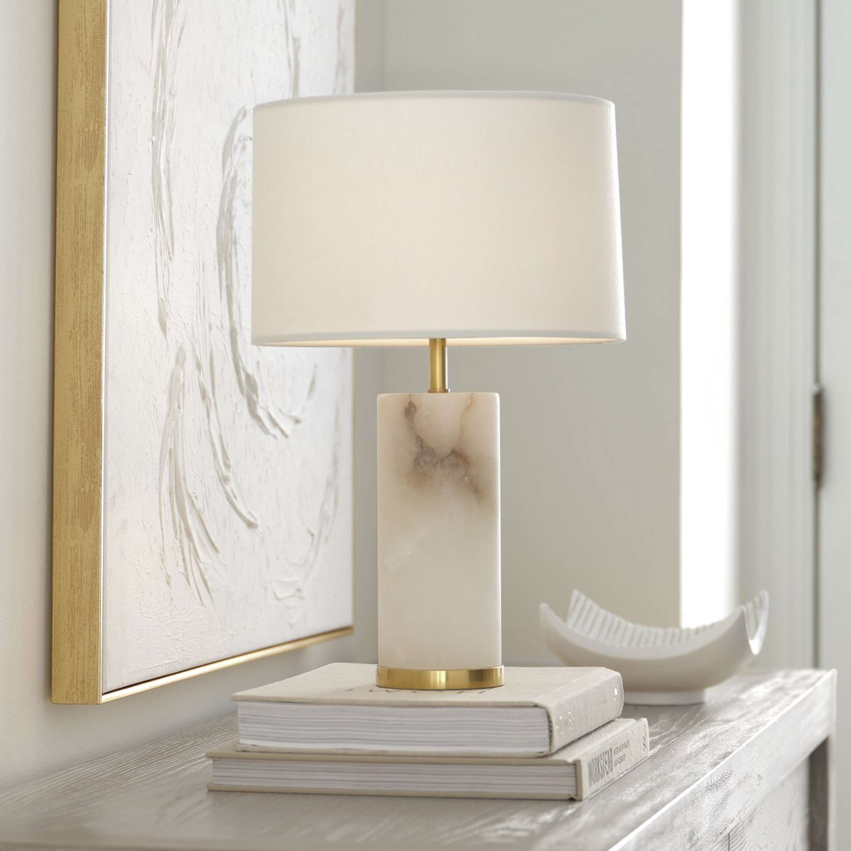A Snowpack Cordless LED Table Lamp - Alabaster with Aged Brass / Natural Alabaster / White Linen color