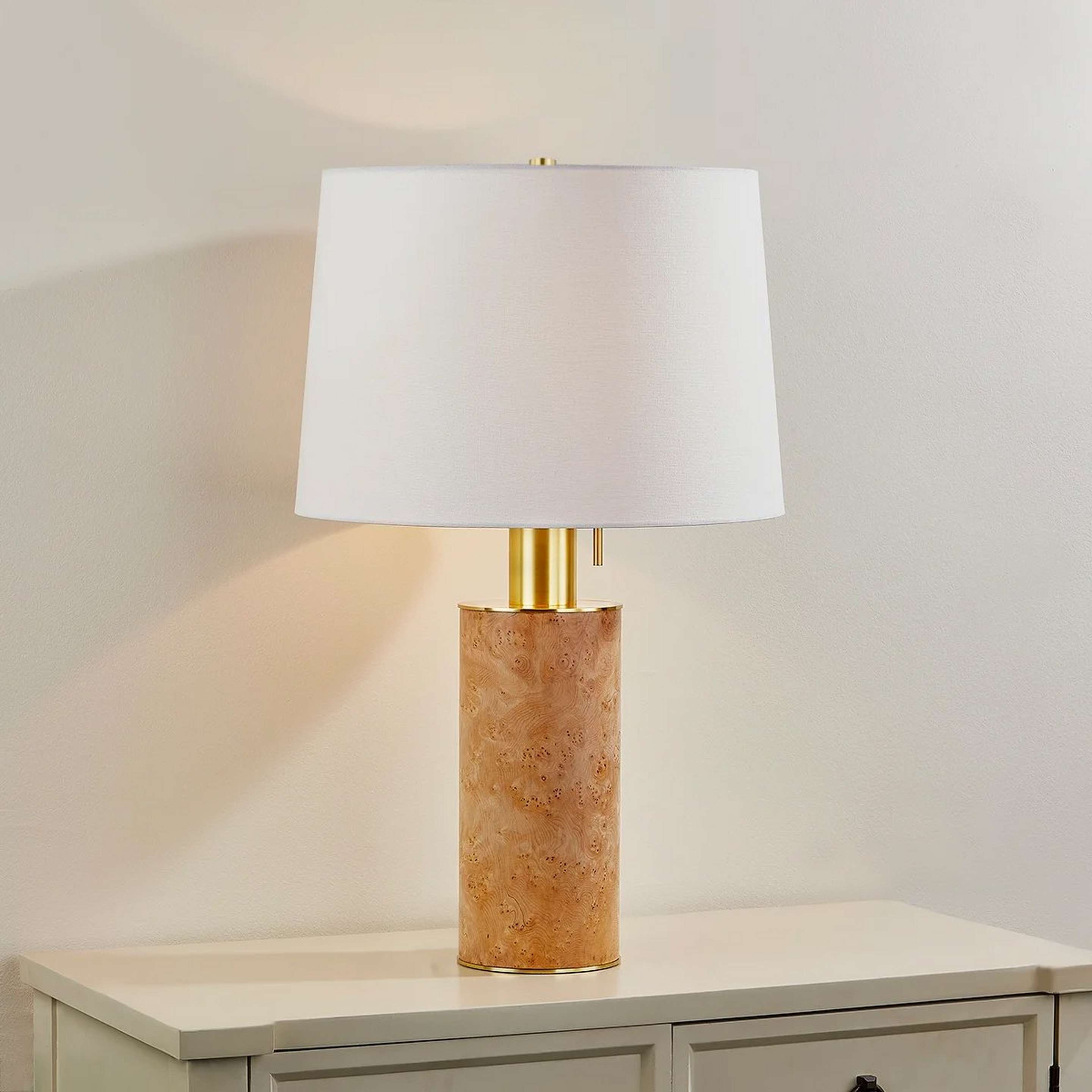 A Swirling Burl Table Lamp with Brass / Natural Burl / White color