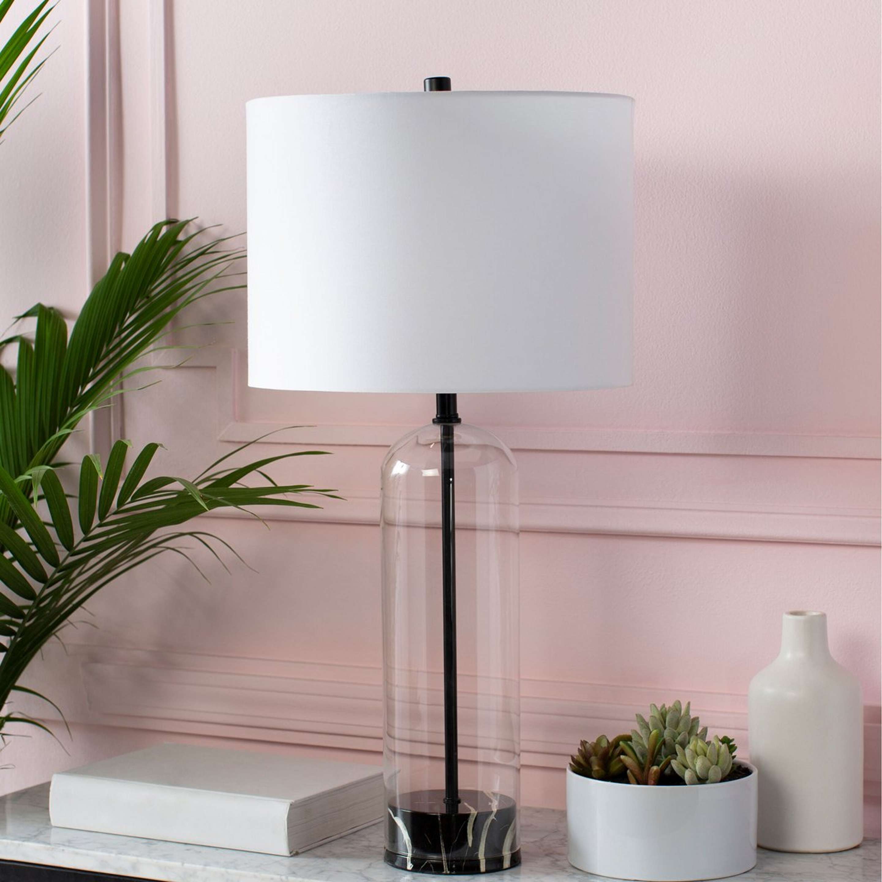 A Clara Table Lamp - Faux Marble with Black / White / Clear Glass color