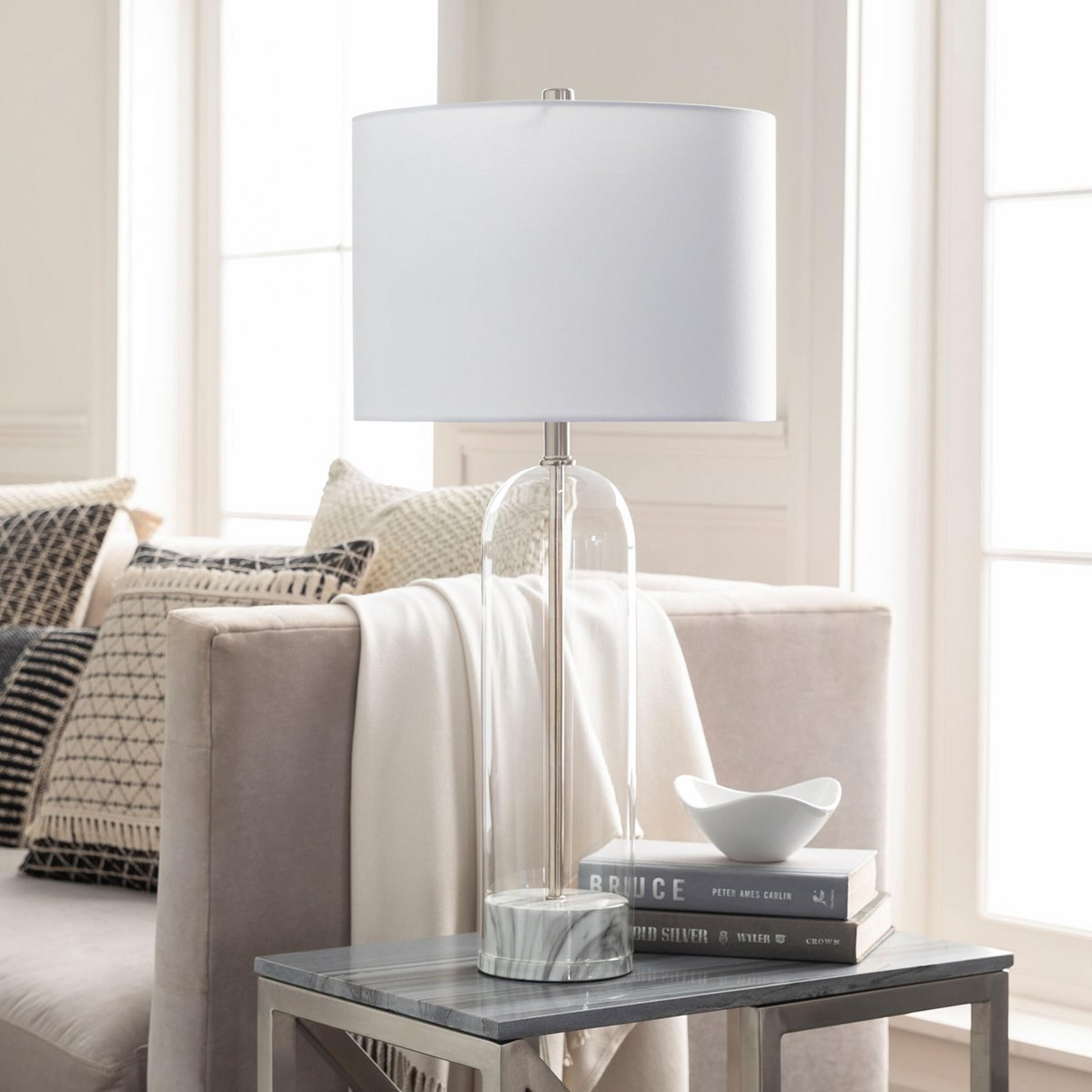 A Clara Table Lamp - Faux Marble with White / Gray / Clear Glass color