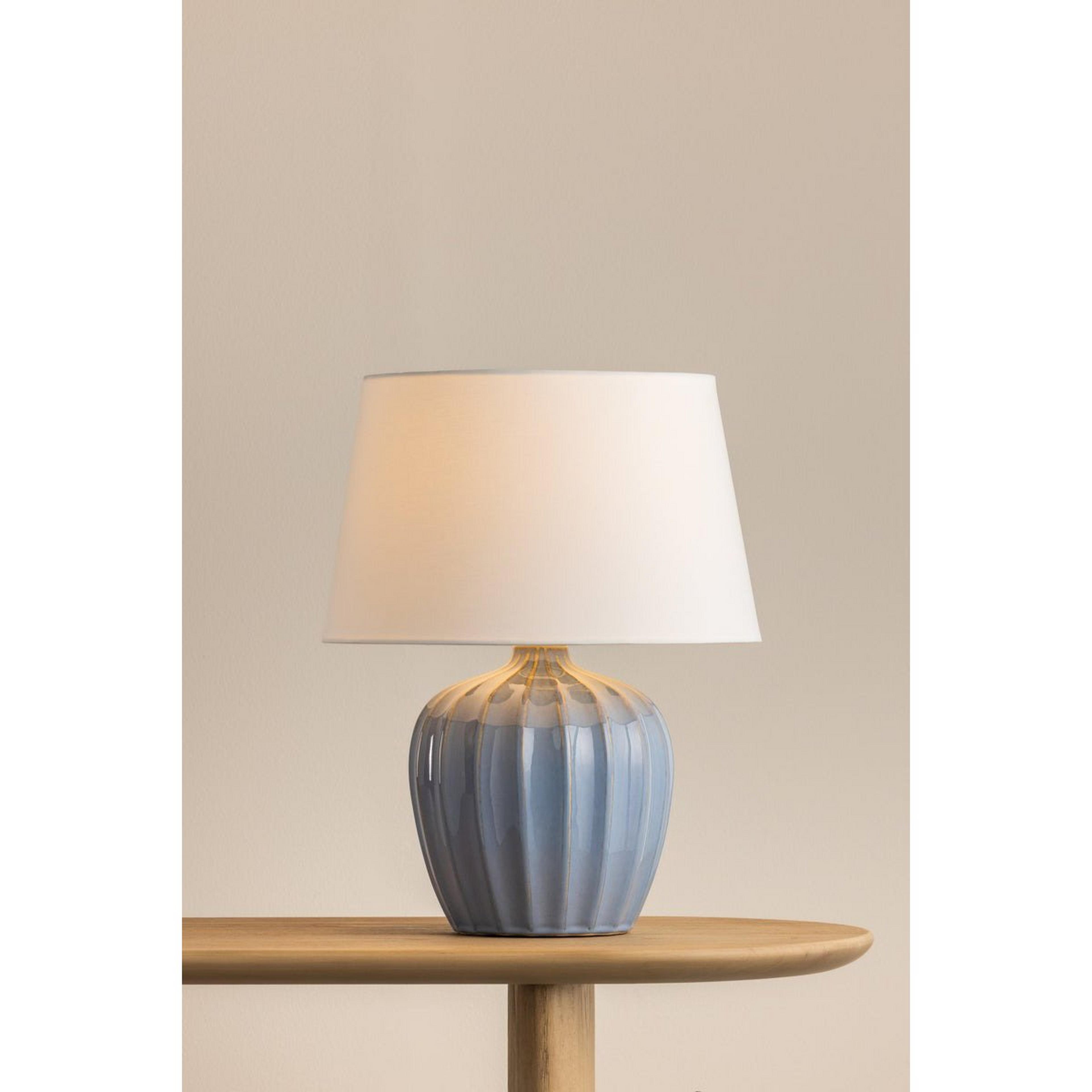 A Griggs Table Lamp with Teal Blue / White / Brass color