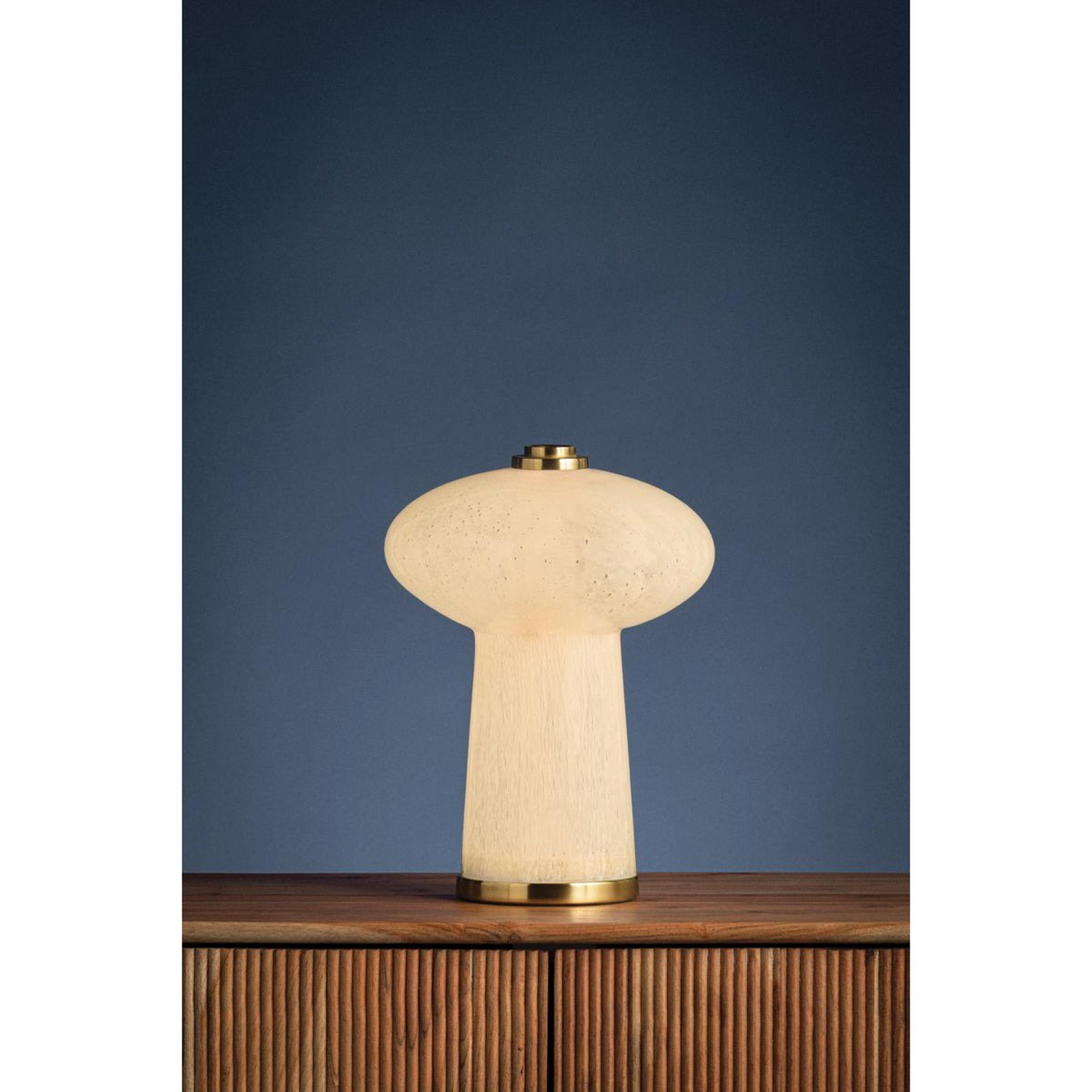 A Ellie LED Rechargeable Table Lamp with Brass / Seeded Cloud Glass color