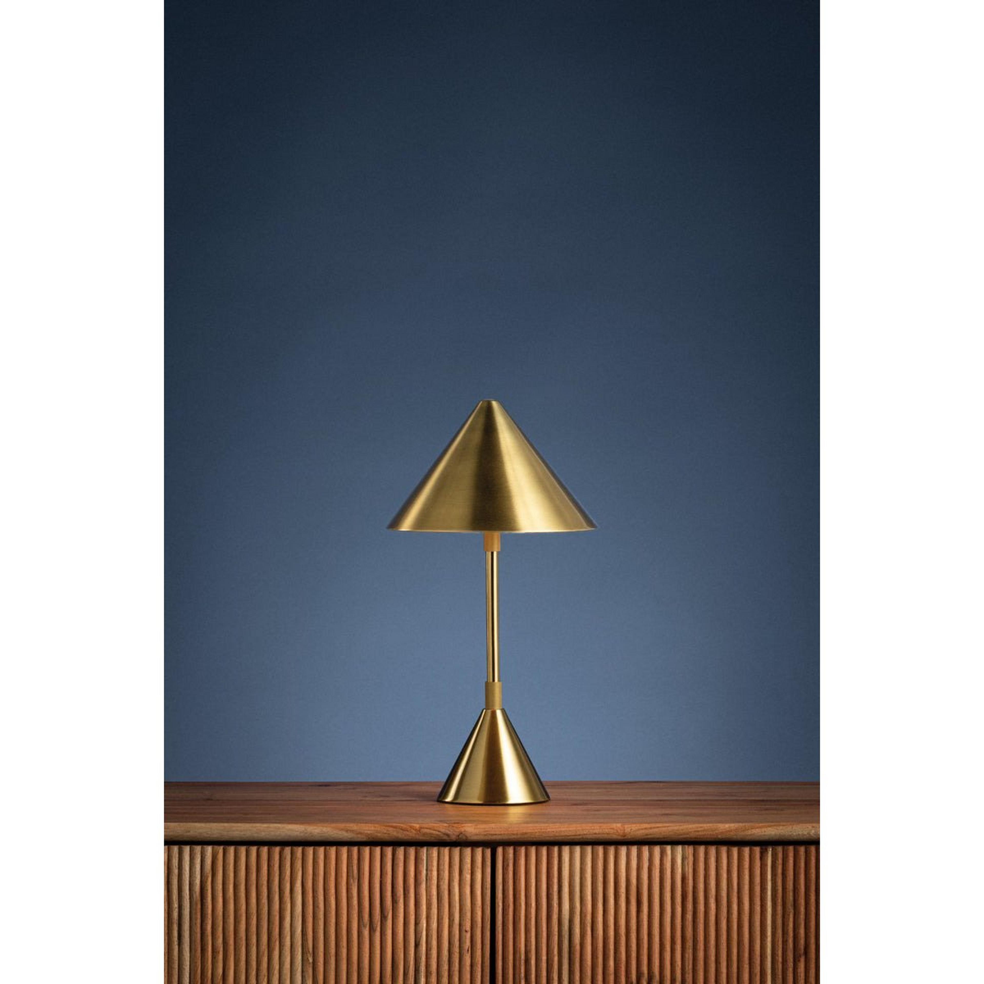 A Boyer LED Rechargeable Table Lamp with Brass / White Acrylic color