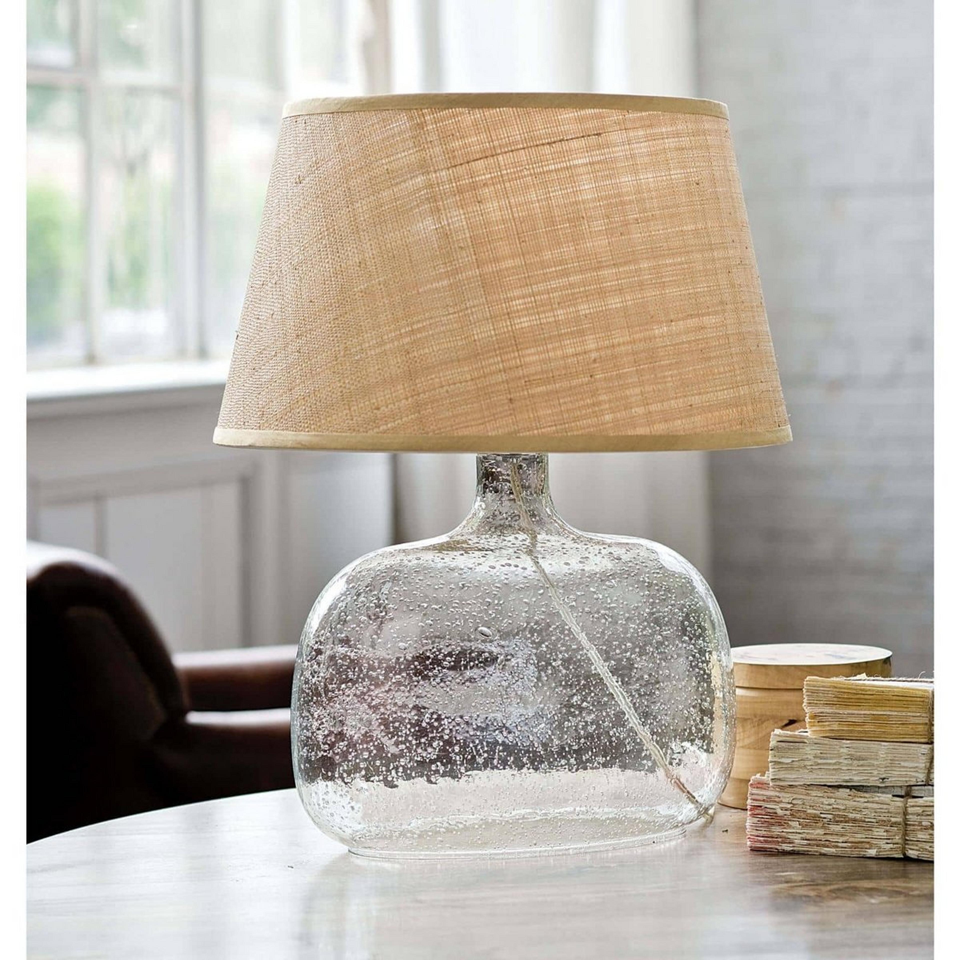 A Moran Table Lamp with Clear Seeded Glass / Natural Rattan color