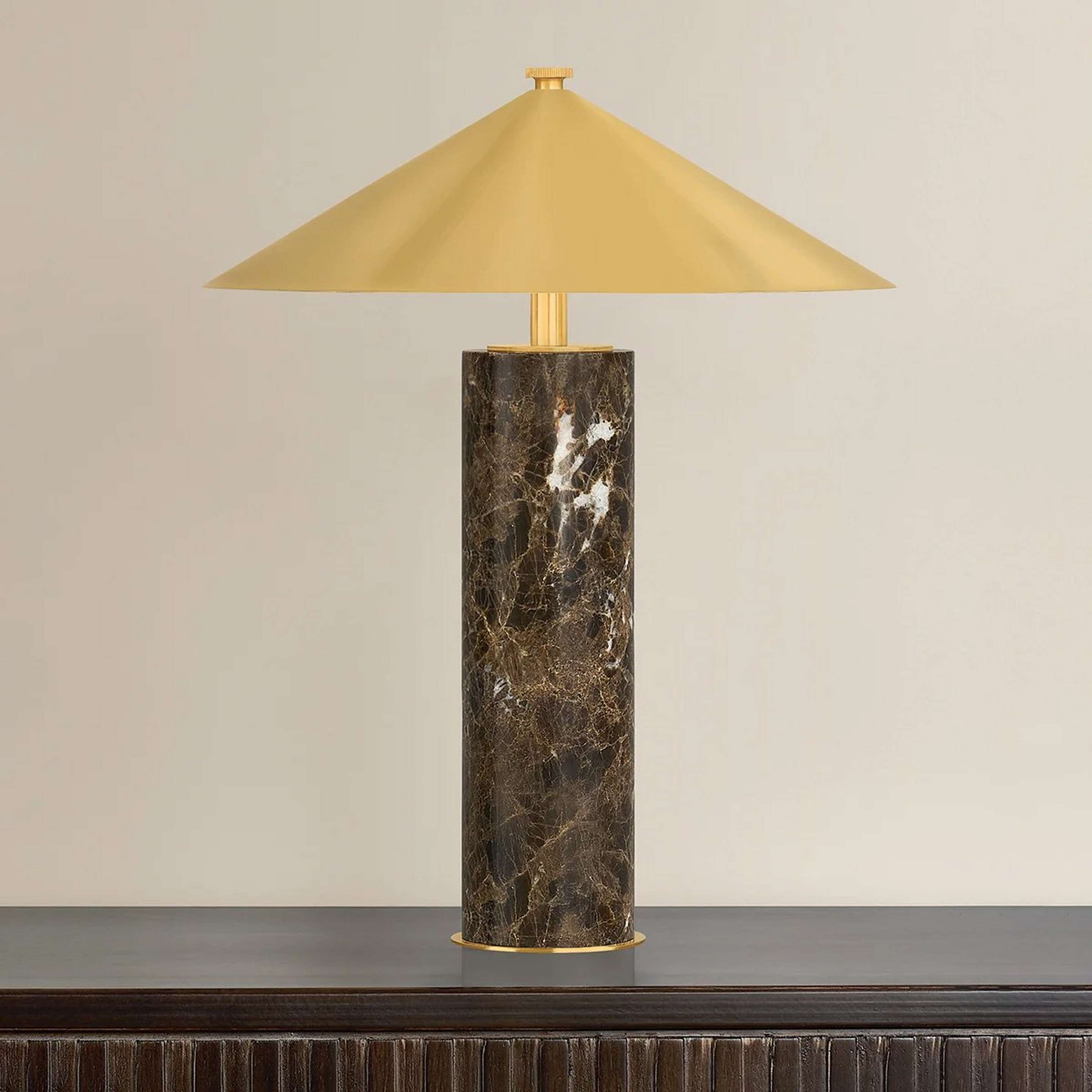 A Sarpedon Rechargeable LED Table Lamp with Aged Brass / Emperador Marble color