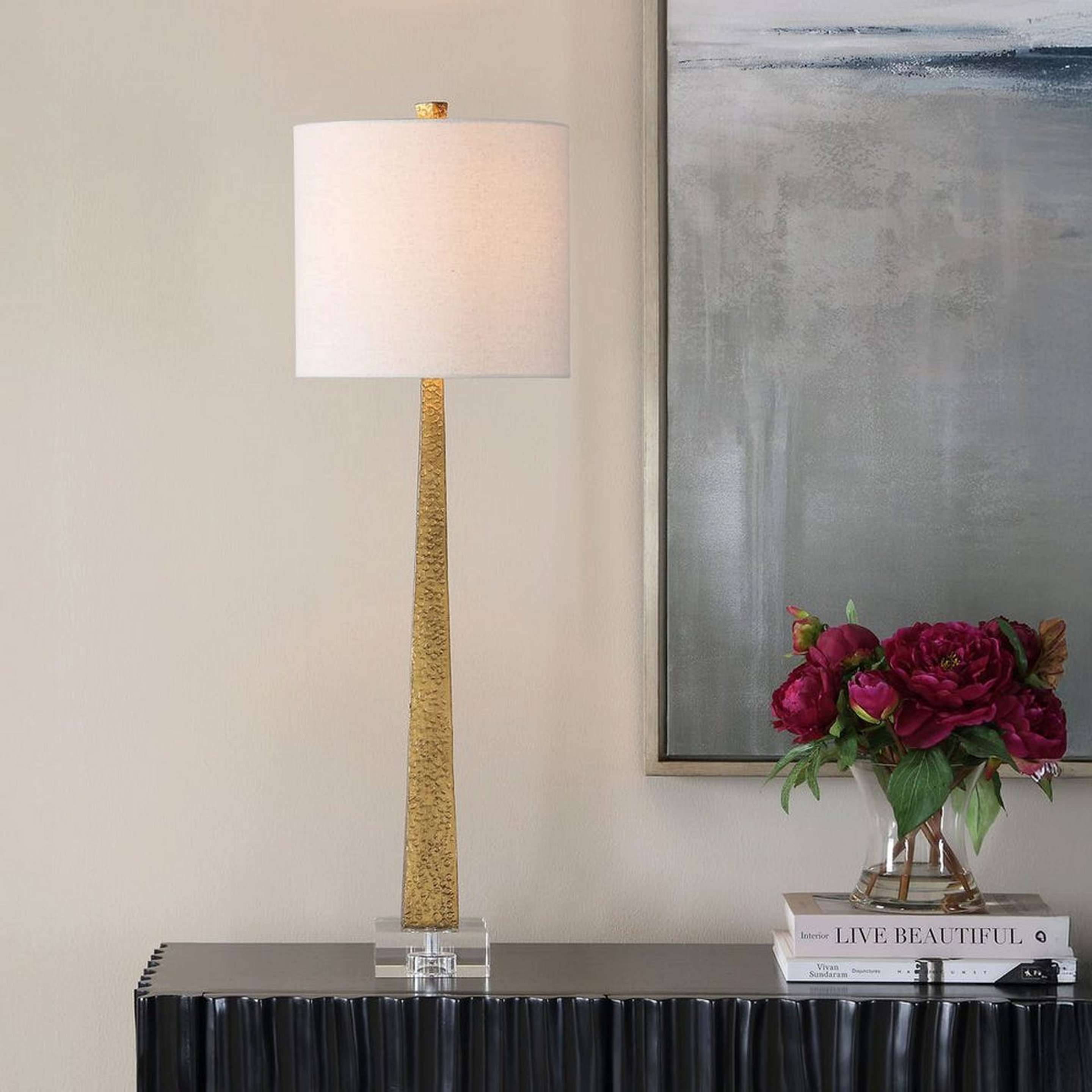 A Dayton Table Lamp with Gold / White / Clear Crystal color