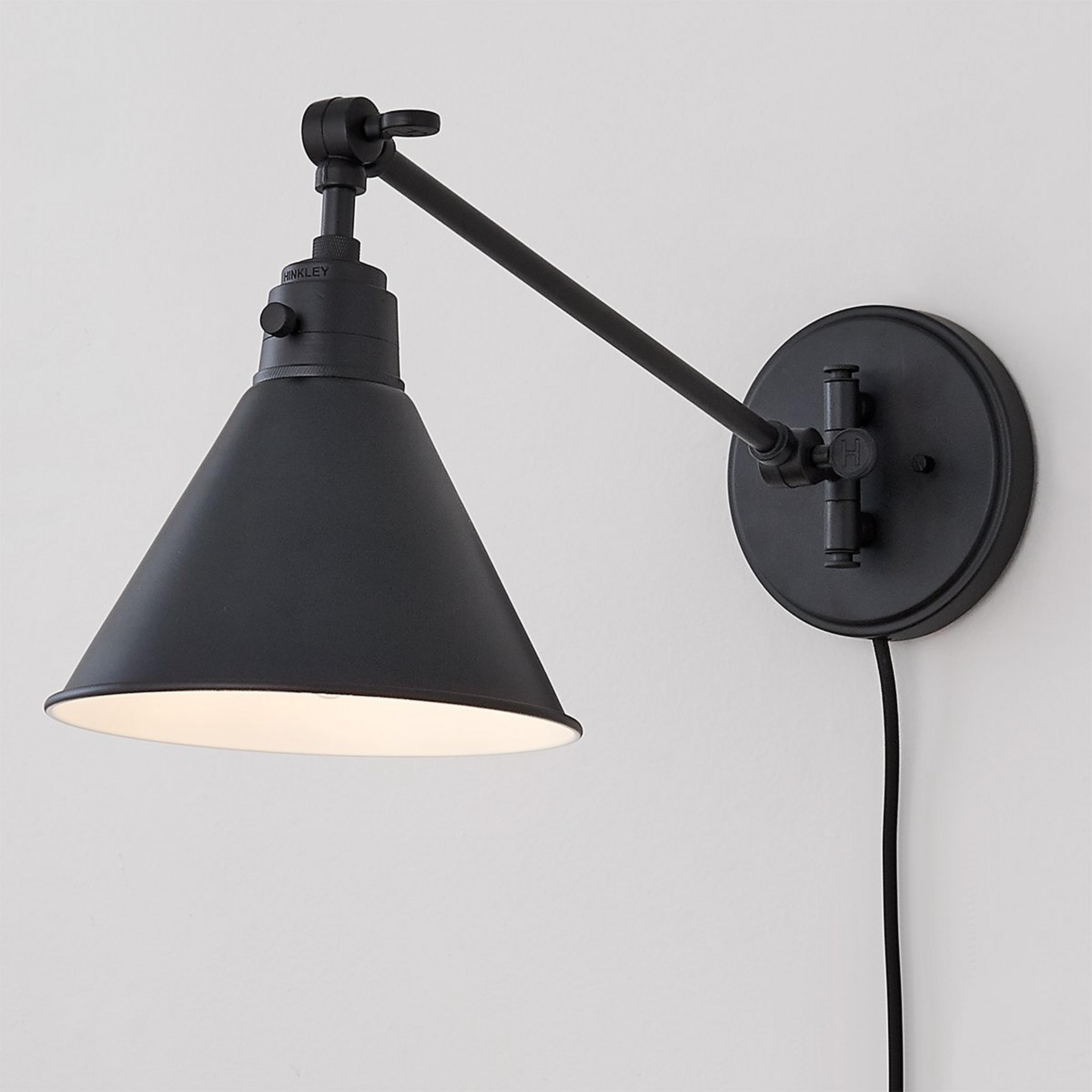 A Cyrus Straight Swing Arm Sconce - Metal Shade with Black color