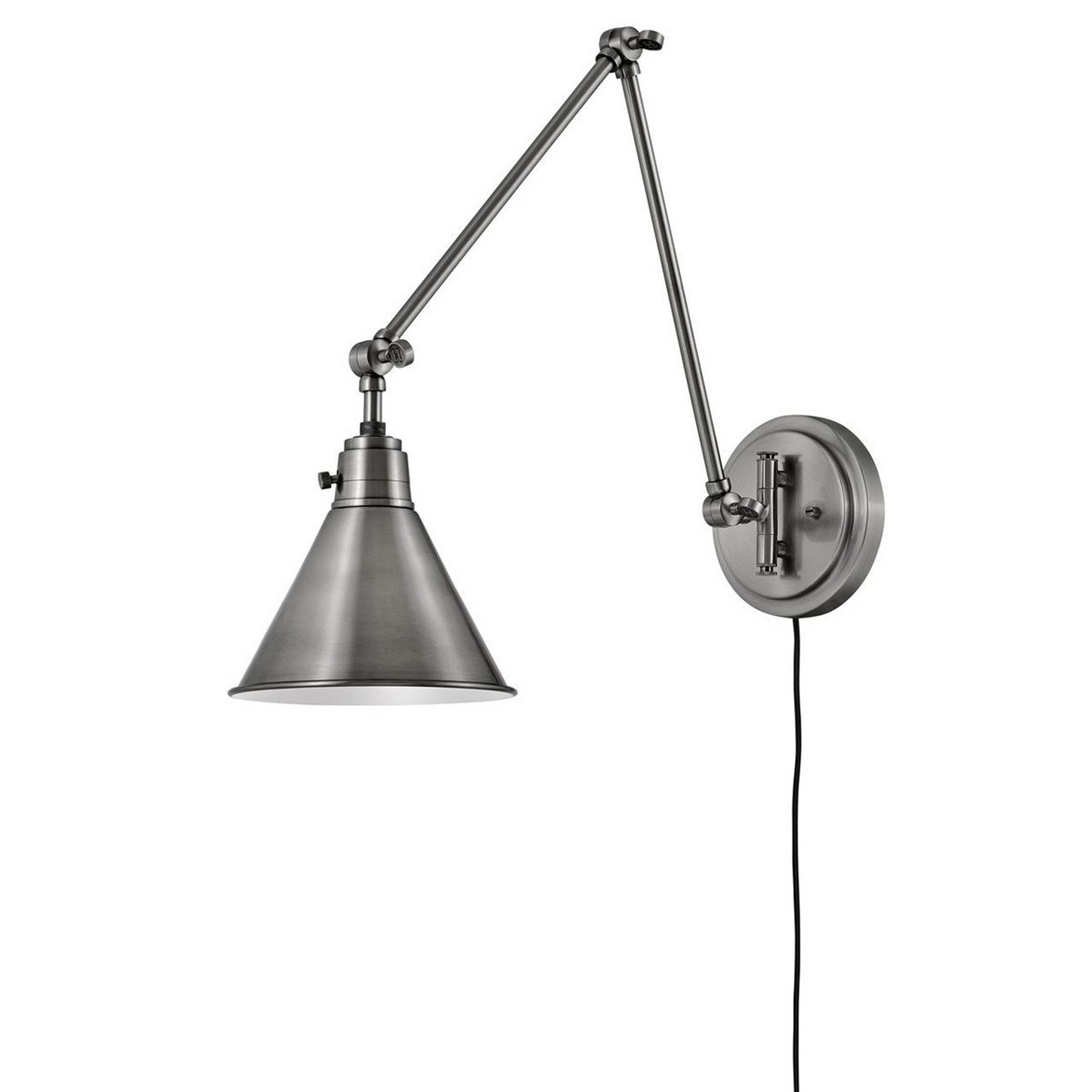 A Cyrus Arched Swing Arm Sconce - Metal Shade with Antique Nickel color