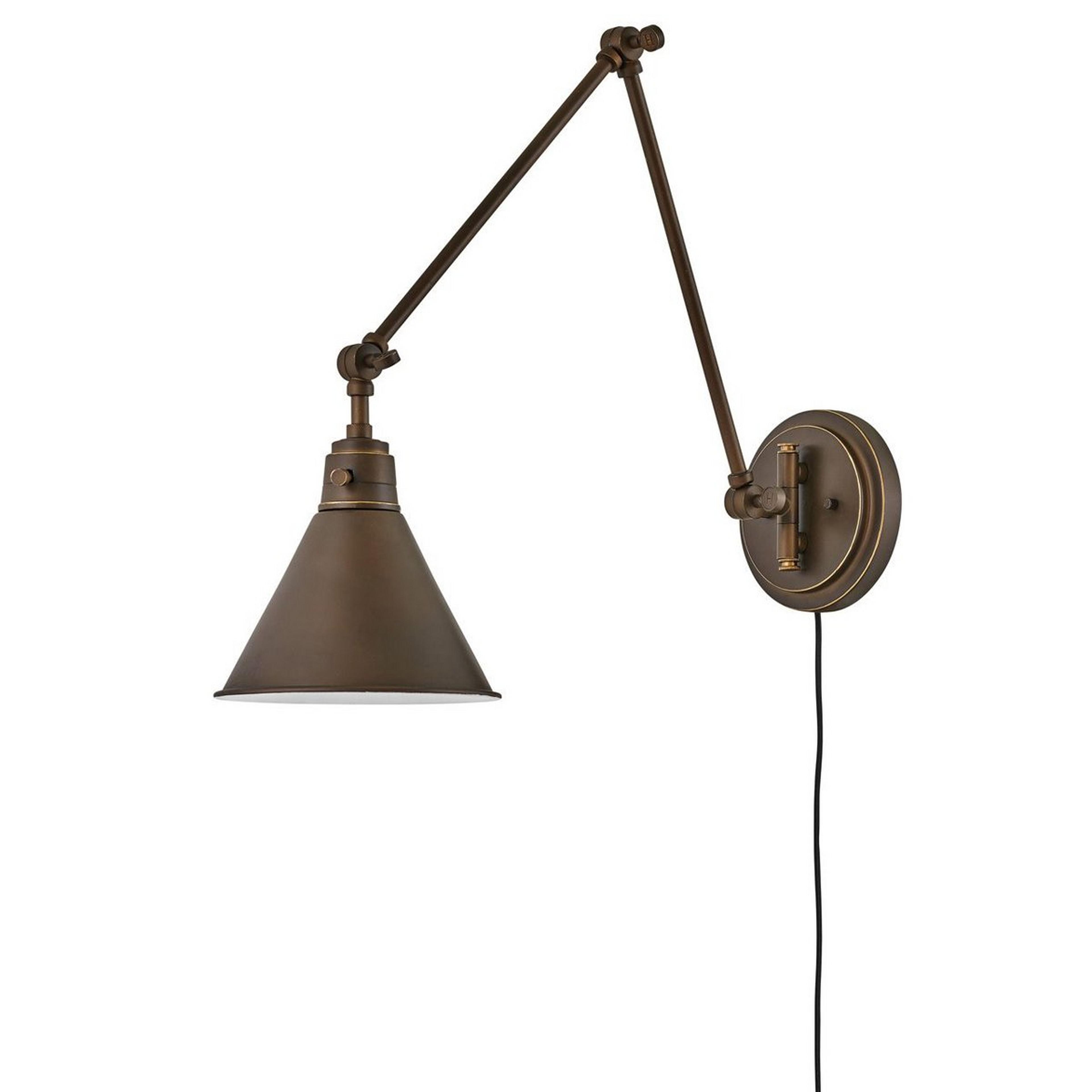 A Cyrus Arched Swing Arm Sconce - Metal Shade with Bronze color