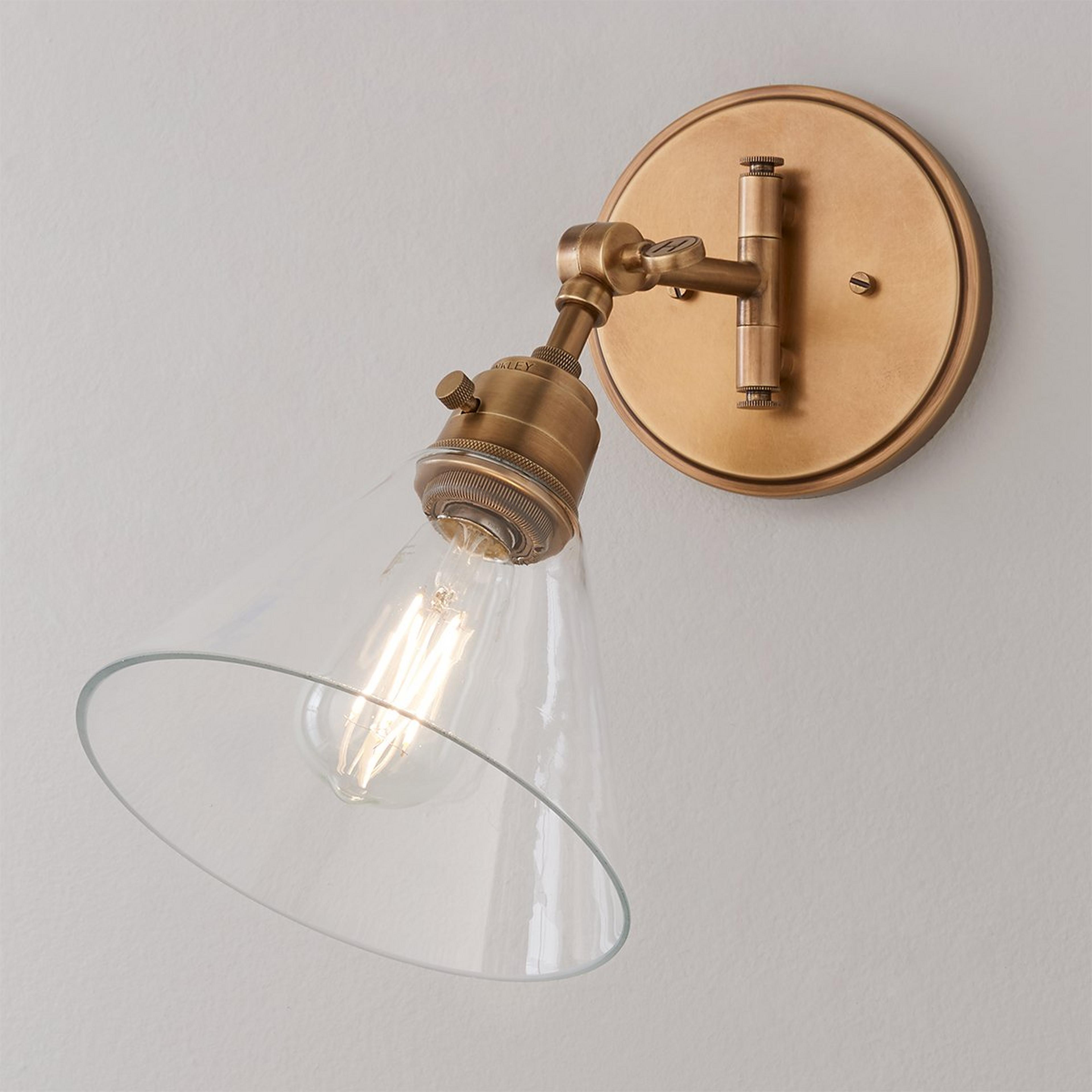 A Cyrus Swing Arm Sconce - Glass Shade with Aged Brass / Clear Glass color