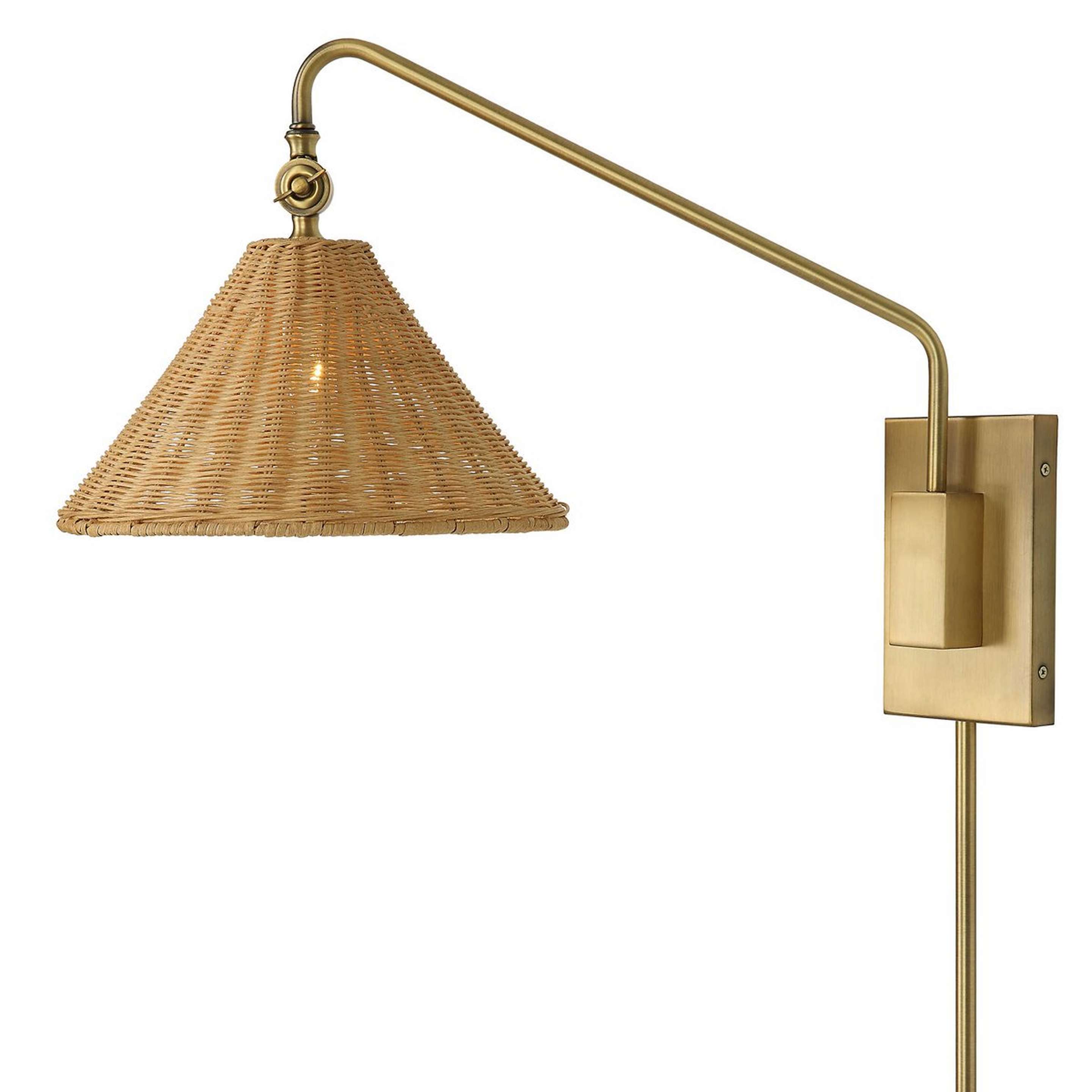 A Palolem Swing Arm Sconce with Aged Brass / Natural Rattan color