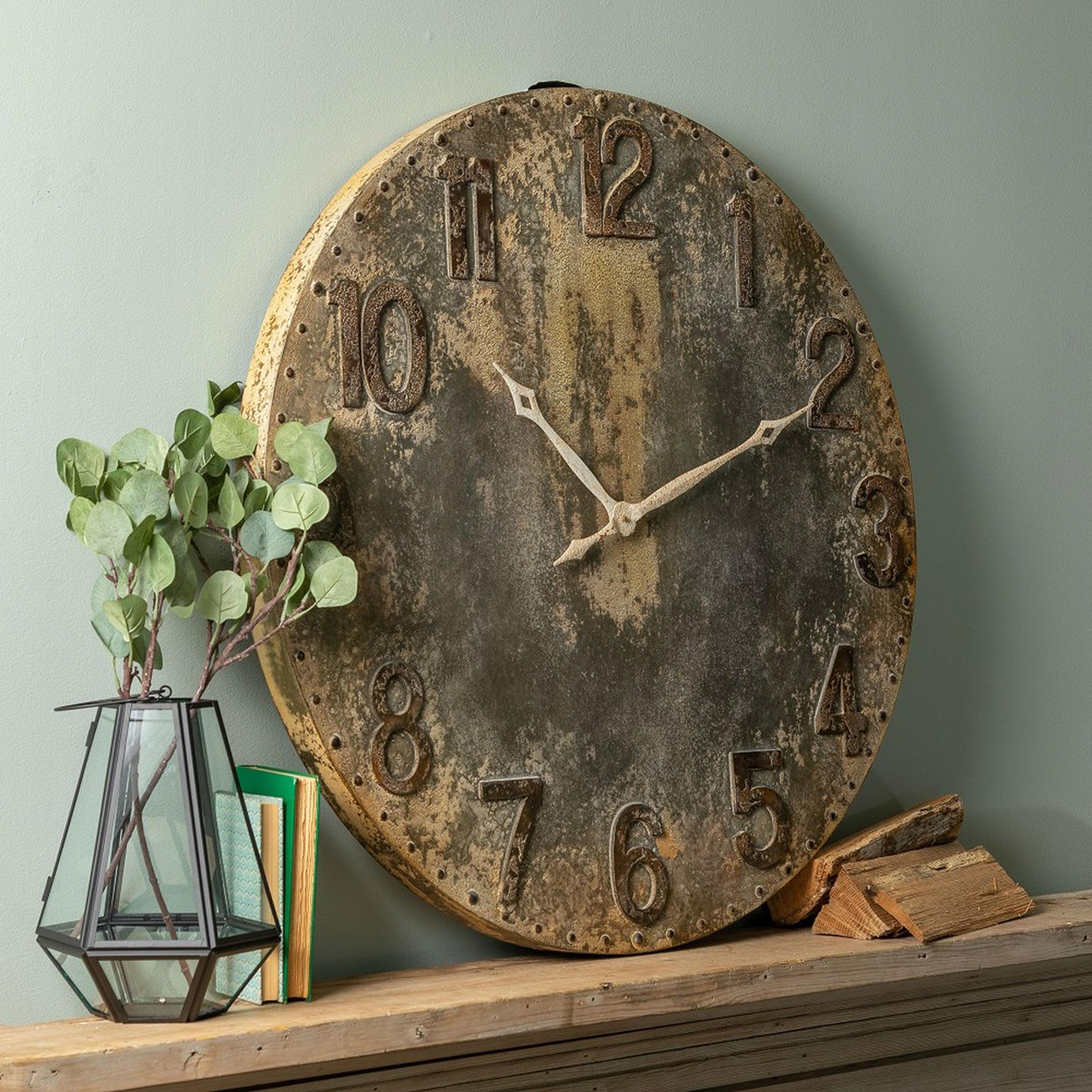A Antique Train Station Clock with Rustic Gray / Black / Distressed Cream color