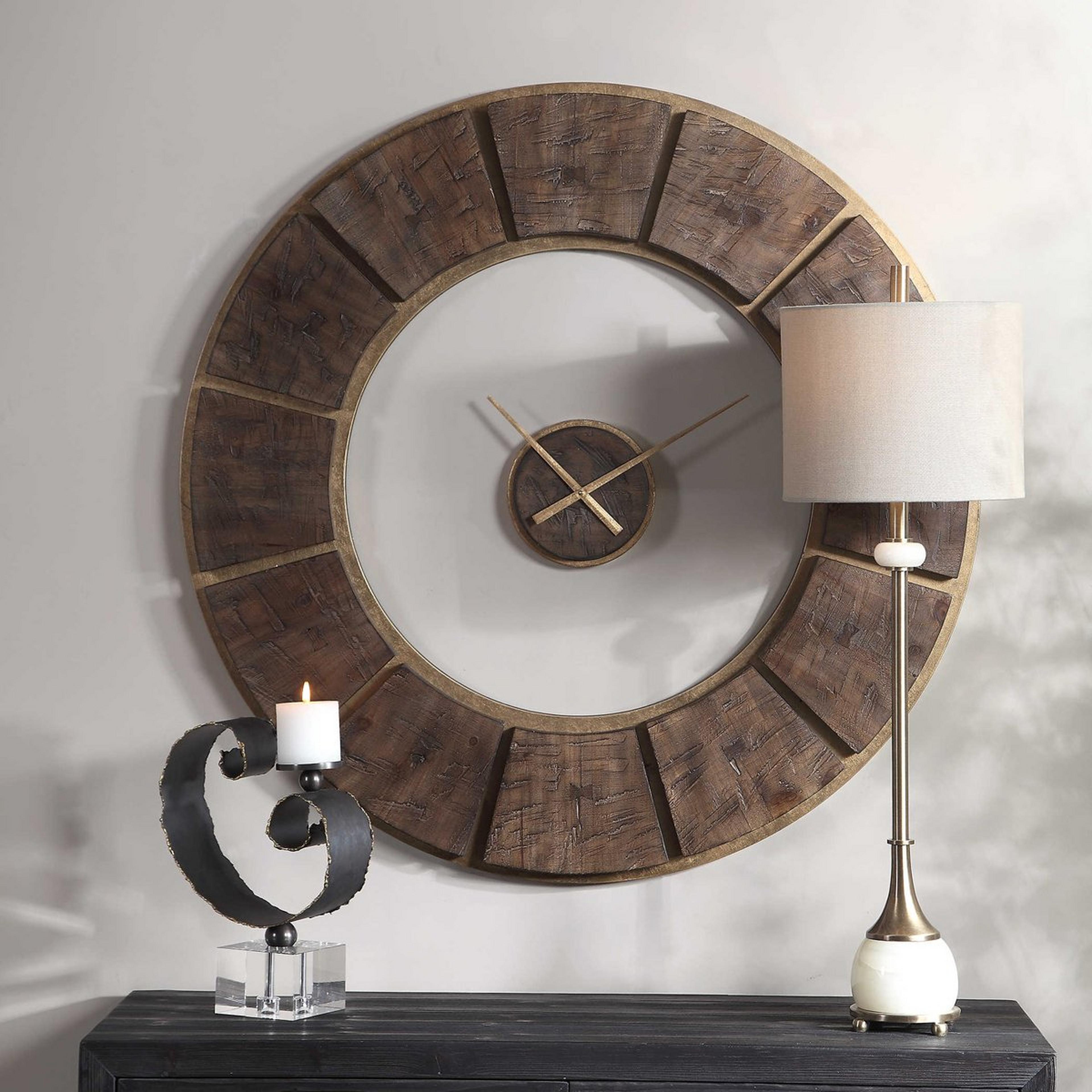 A Rustic Region Wall Clock with Dark Wood / Gold Leaf color