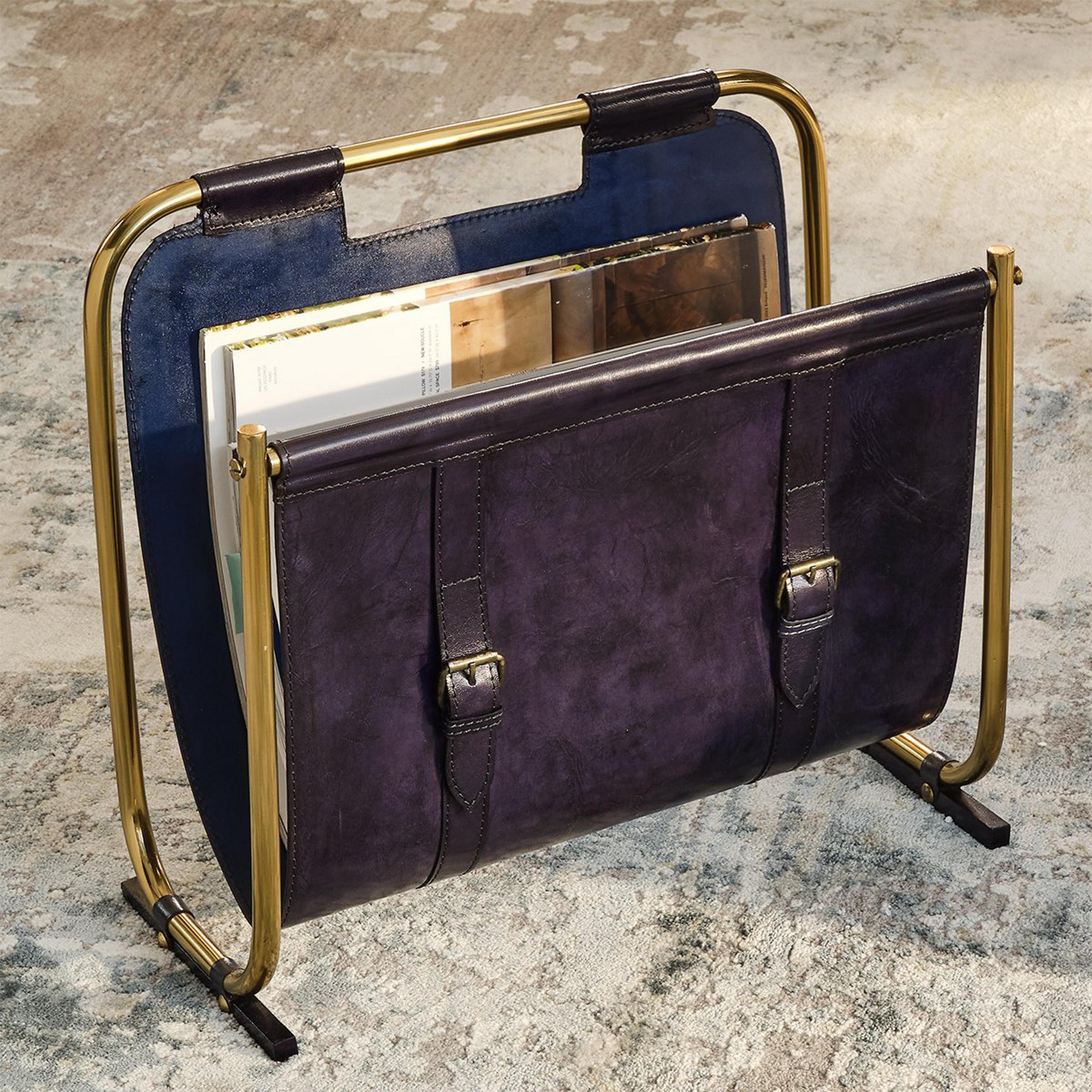 A Bryndu Magazine Rack with Blue Leather / Antique Brass  color