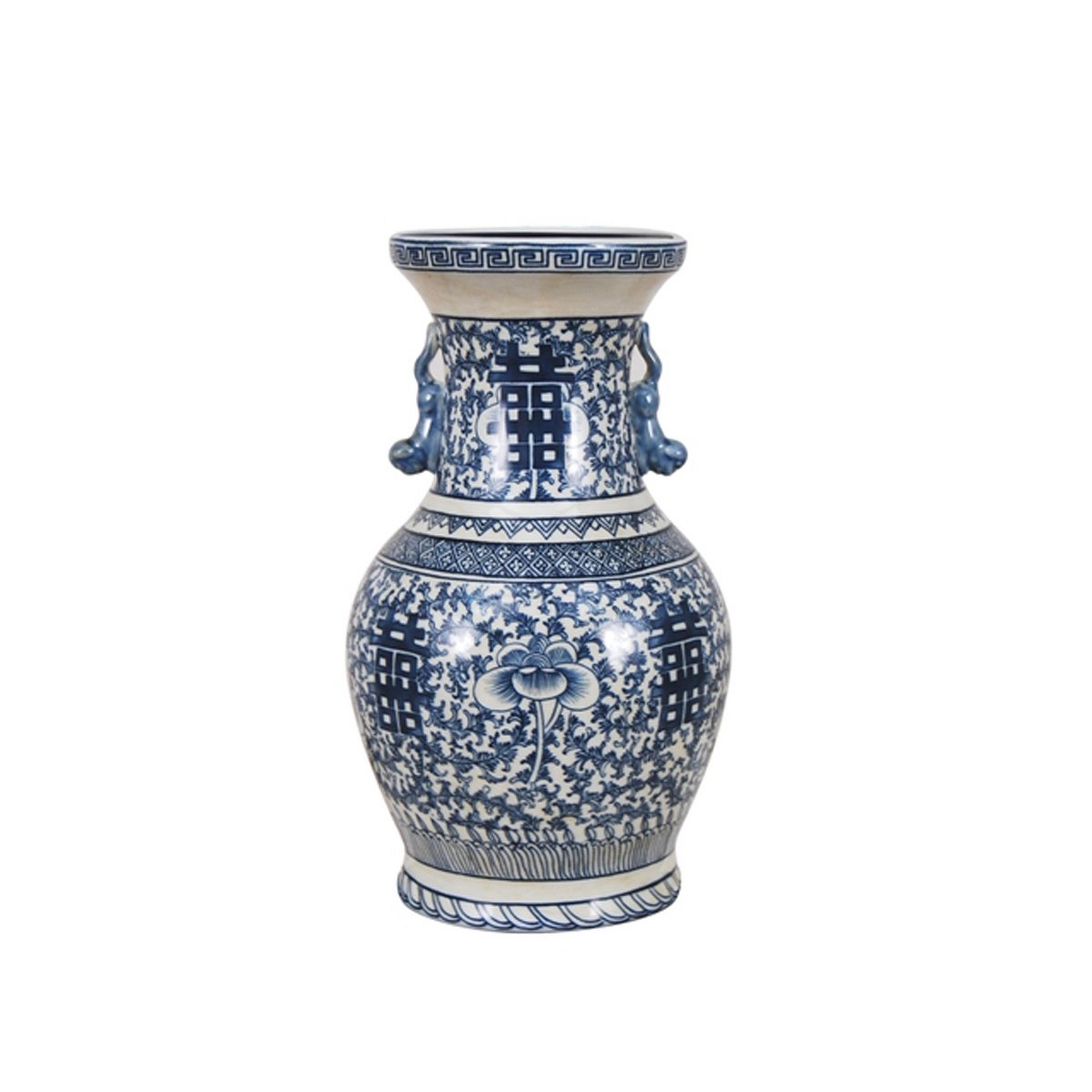 A Chinoiserie Handled Blue and White Vase with Blue / White color