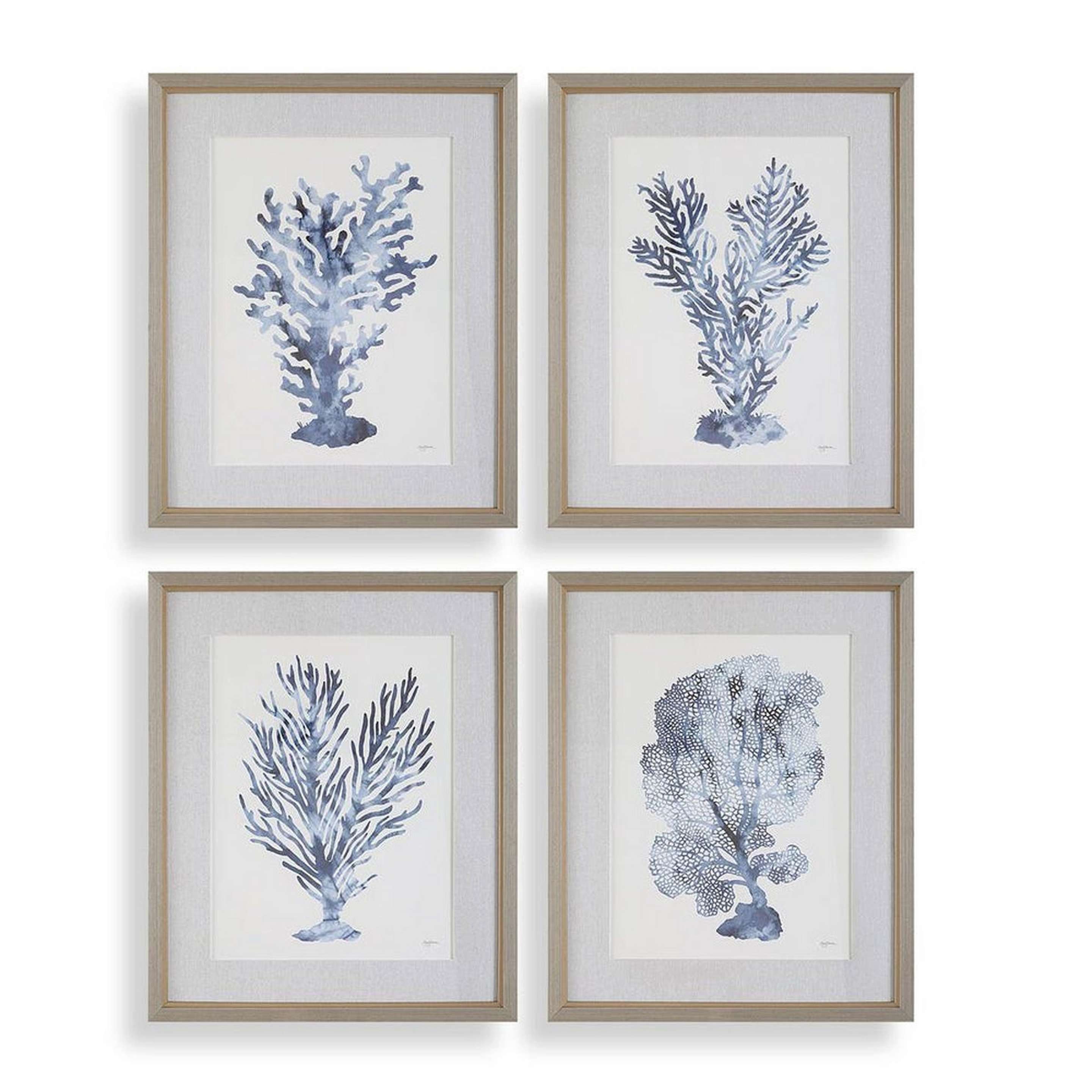 A Seabed Art Prints - Set of 4 with Blue / White / Tan Linen / Gold / Light Wood color