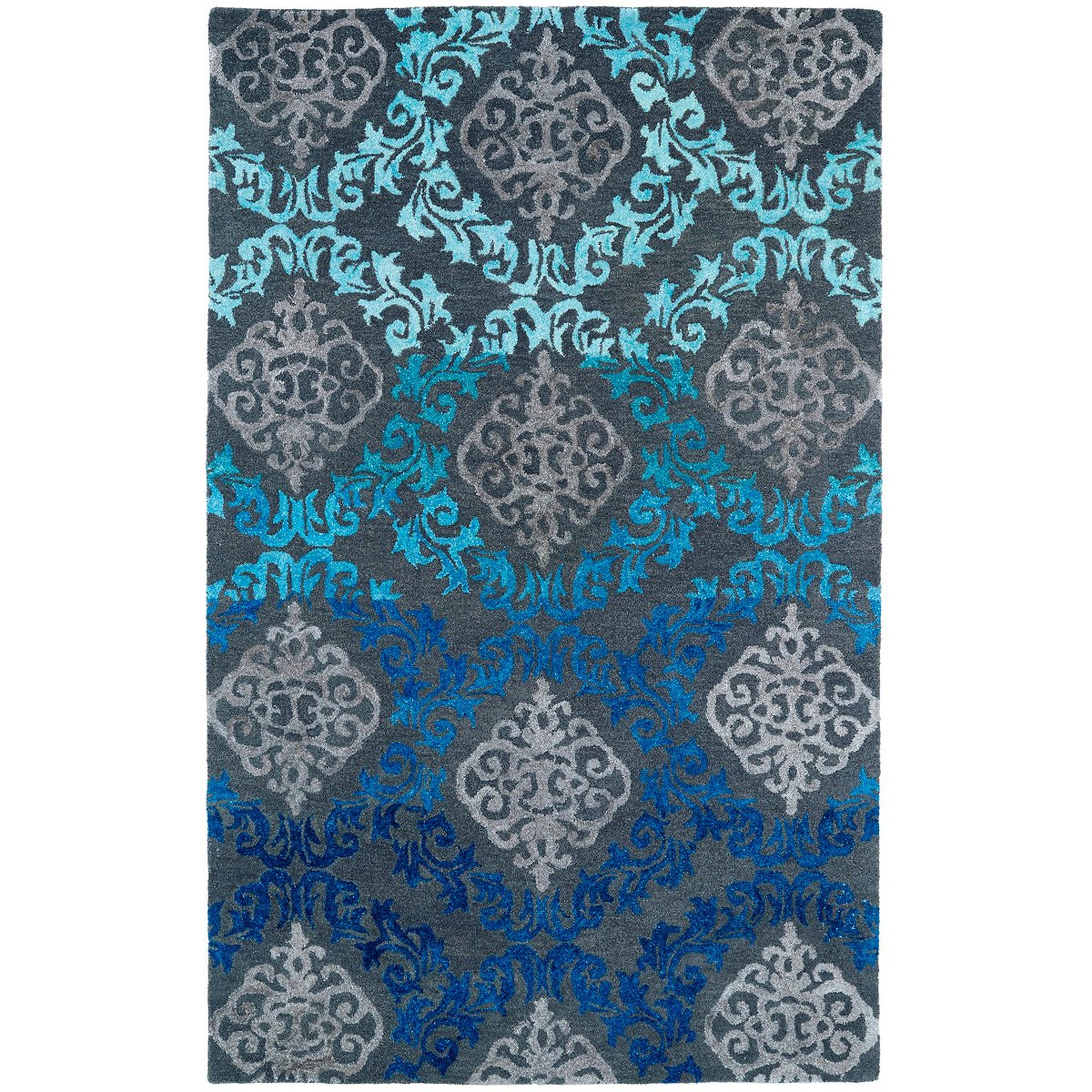 A Modern Ombre Damask Plush Rug with Blue/Teal/Gray/Turquoise/Taupe color