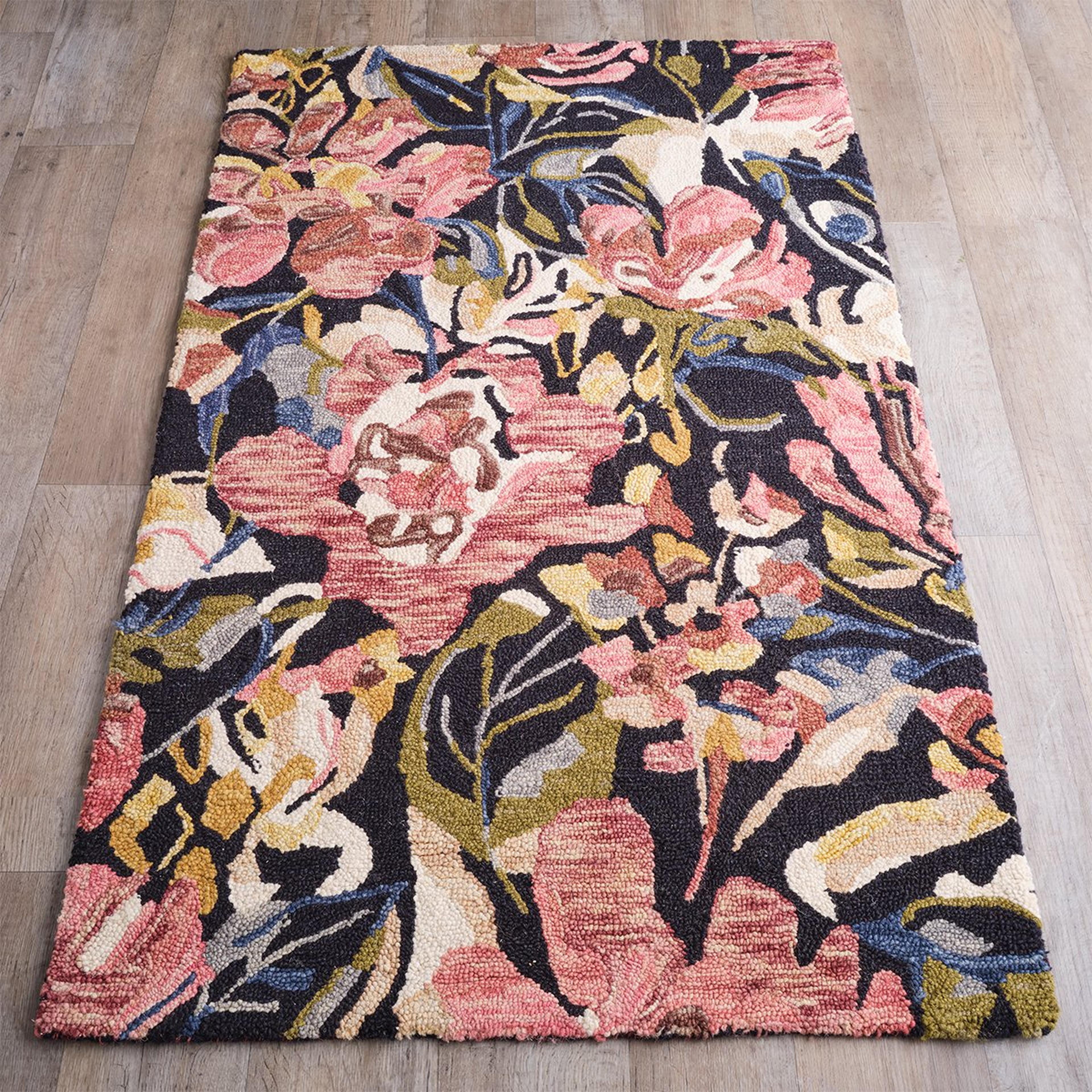 A Berry Blossom Rug with Black / Pink / Green / Multi  color