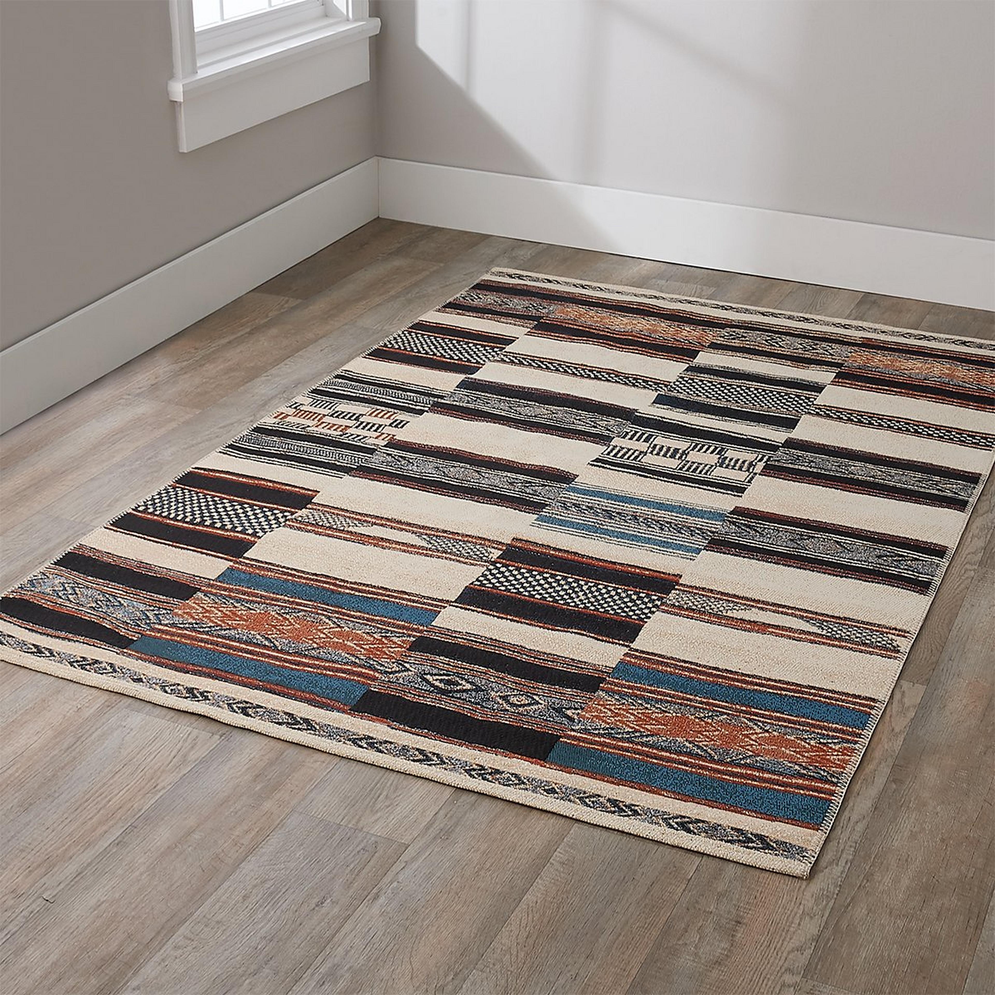 A Farmington Indoor / Outdoor Rug with Ivory / Black / Terracotta / Denim / Multi color