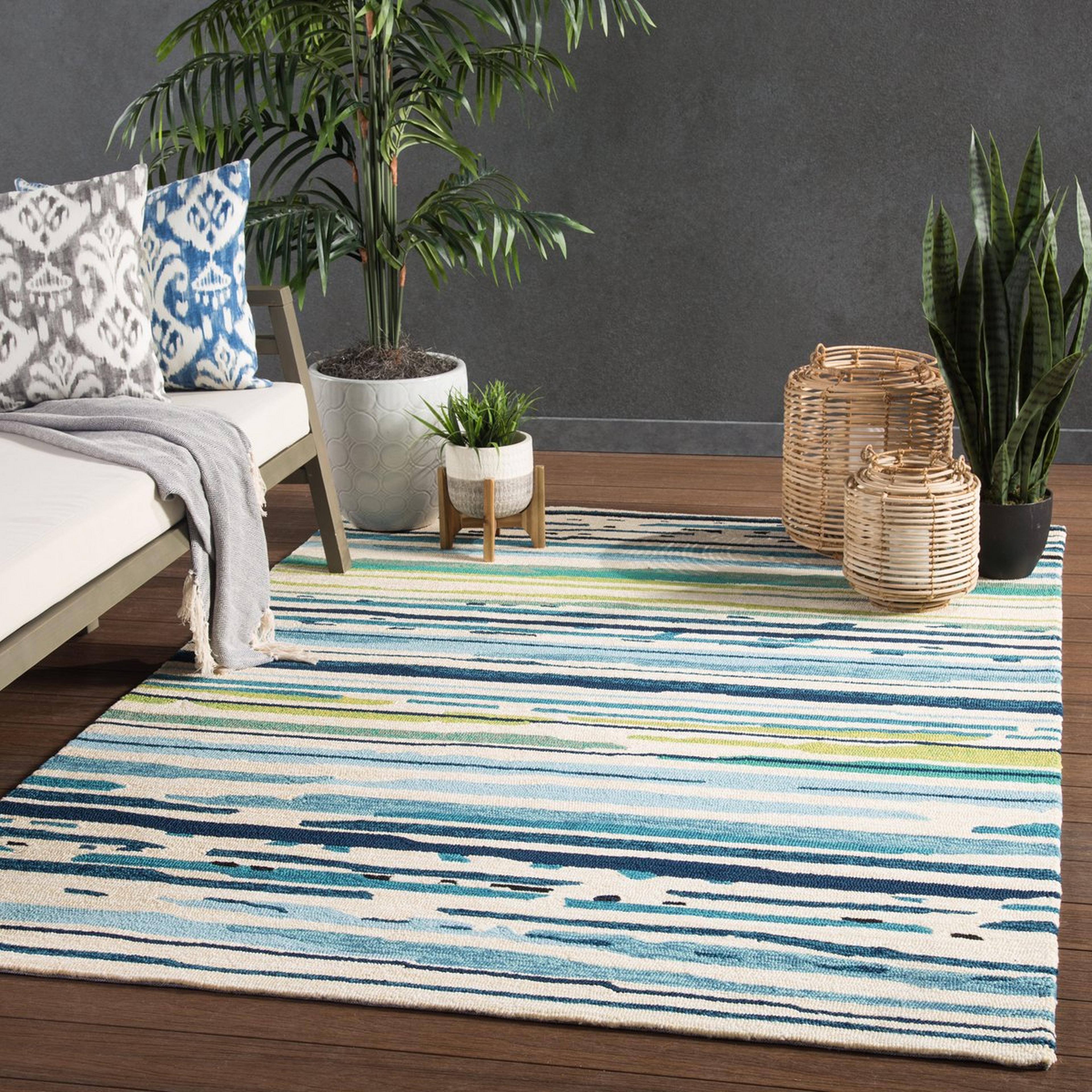 A Ollie Hand-Tufted Indoor / Outdoor Rug with Teal / Lime / Blue / Multi color