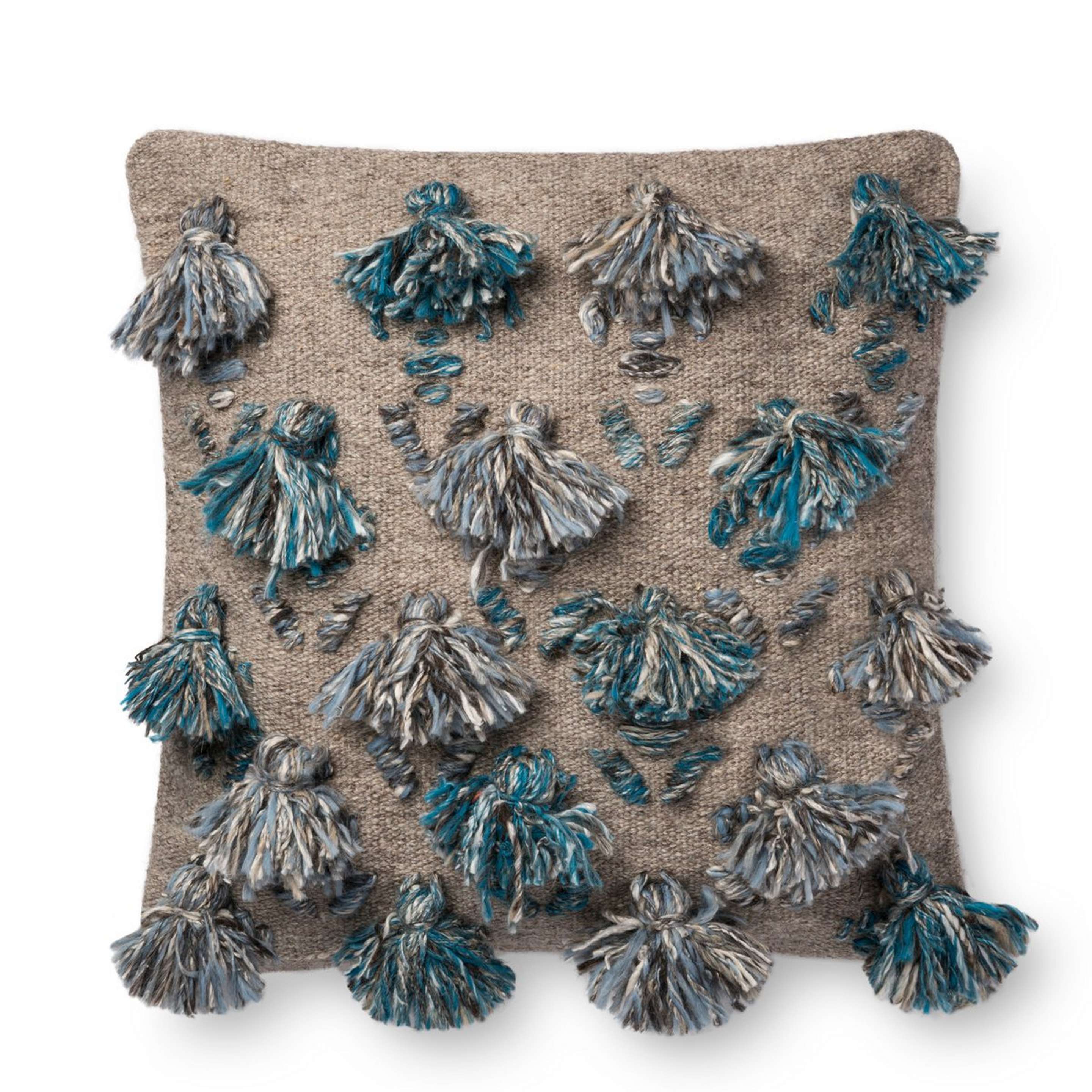 A Cova Tassel Pillow with Blue / Taupe - Down color